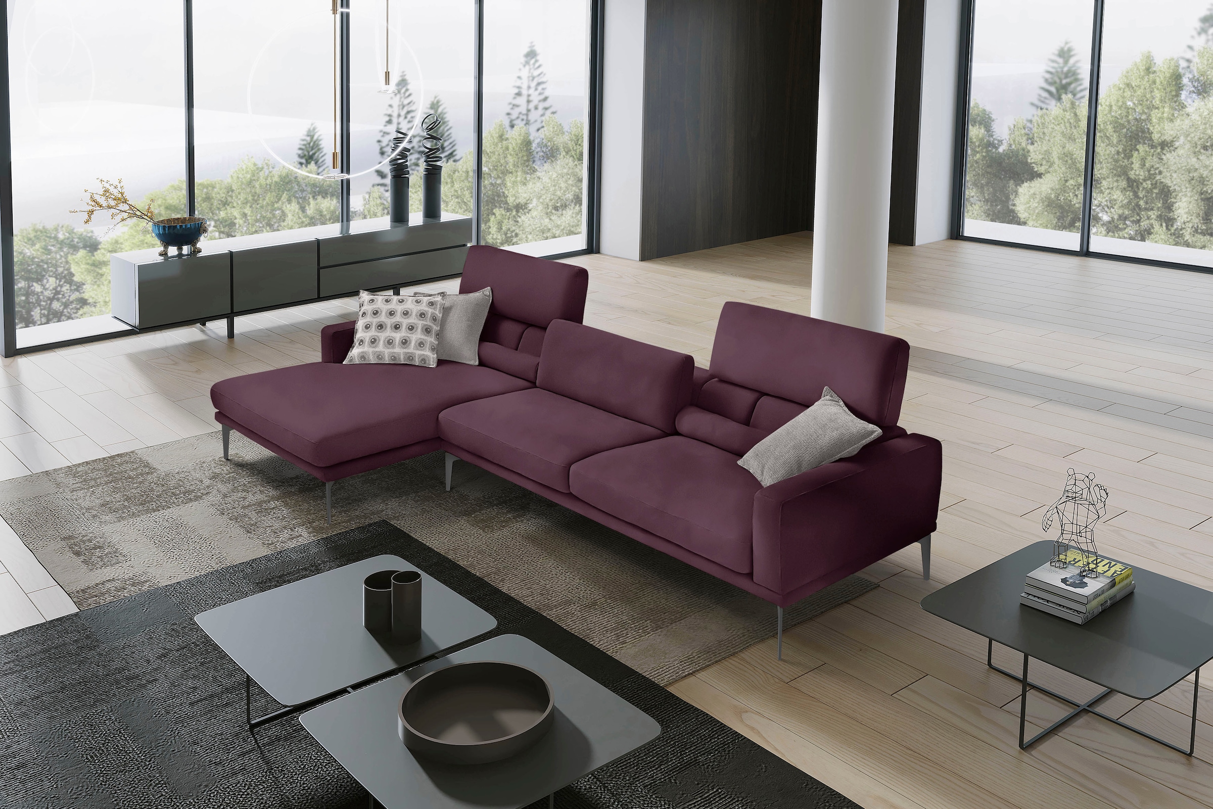 Egoitaliano Ecksofa "Masu, Design trifft sensationellen Sitzkomfort, Breite 277cm, L-Form" inkl. 2 Kissenrollen, Rückenelemente manuell verstellbar, Metallfüße