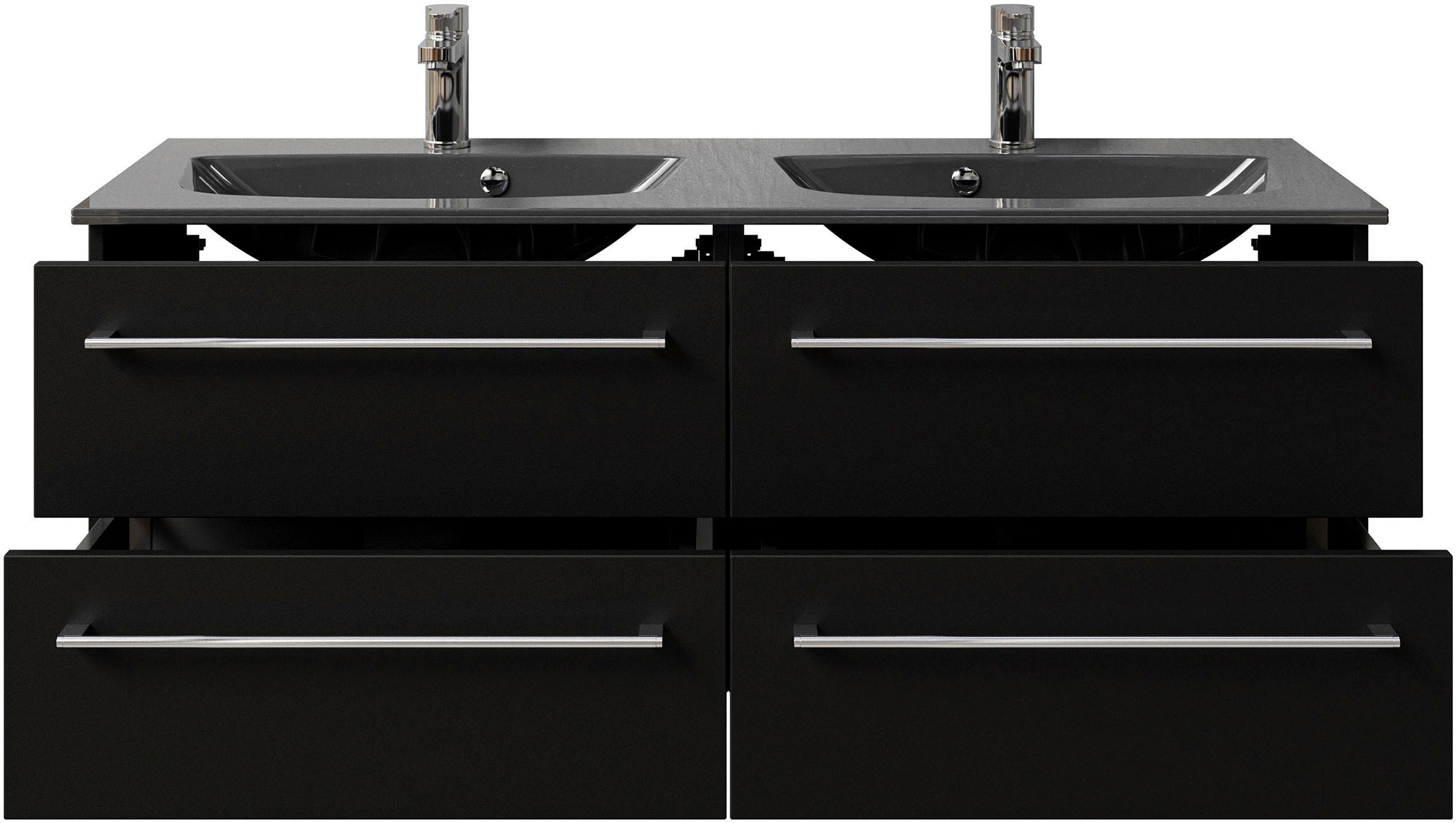 Saphir Badmöbel-Set »Serie 6025 2-teilig Mineralmarmor-Waschtisch mit LED-Spiegelschrank«, (2 St.), Waschplatz 132cm breit, 4 Schubladen, 2 Spiegel-Türen, inkl Türdämpfer