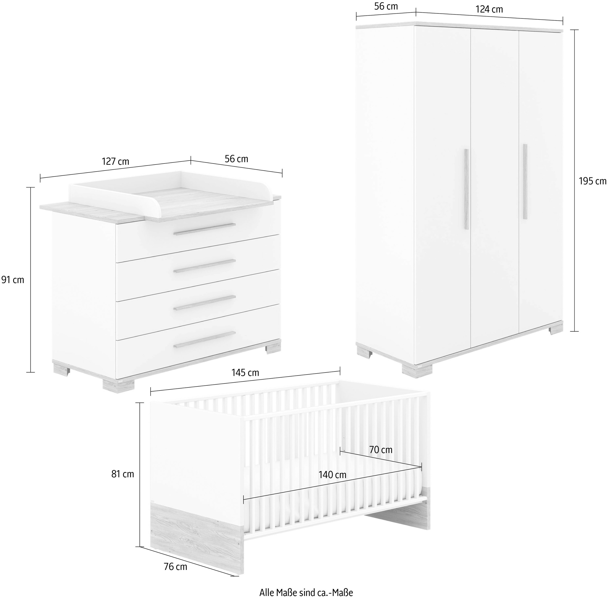 PAIDI Babymöbel-Set »YOLANDA, 4-teiliges Babyzimmer in Weiß, hochwertiges Komplettset« Spar-Set, 70x140cm Babybett, Kleiderschrank 3-türig, Wickelkommode & Aufsatz, 4 tlg. Kinderzimmer, Soft-Close-Funktion, mitwachsendes Bett inkl. Lattenrost