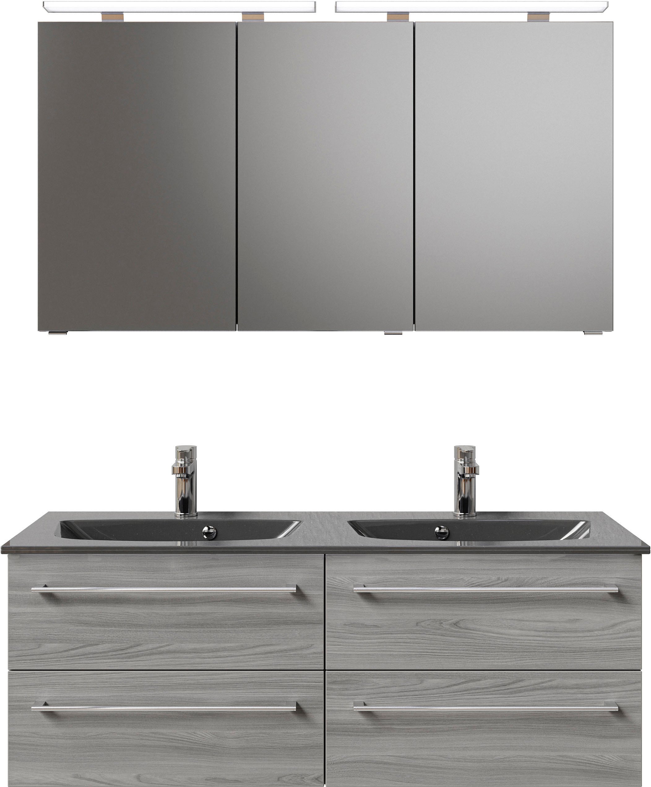 Saphir Badmöbel-Set »Serie 6025 2-teilig Mineralmarmor-Waschtisch mit LED-Spiegelschrank«, (2 St.), Waschplatz 132cm breit, 4 Schubladen, 2 Spiegel-Türen, inkl Türdämpfer