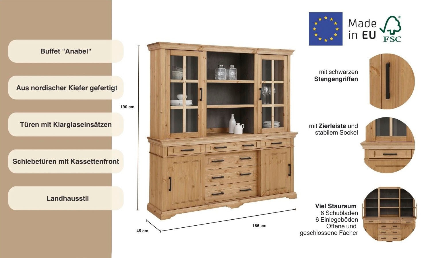 Home affaire Buffet »Anabel«, aus massiver Kiefer, mit Schiebetüren, Breite 186 cm