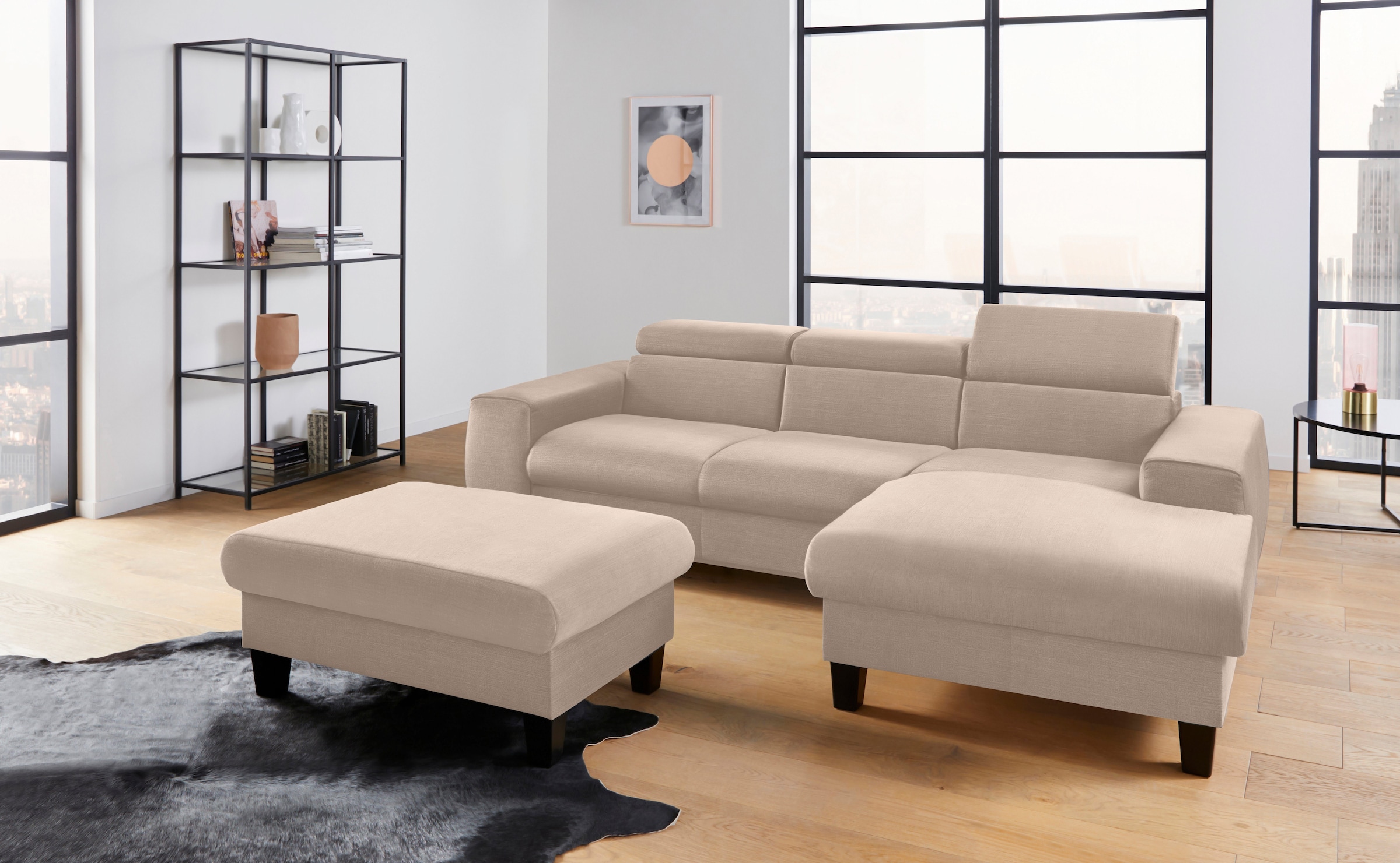 COTTA "Morven L-Form" Set, Set bestehend aus: Ecksofa mit Kopfteilverstellung & Hocker