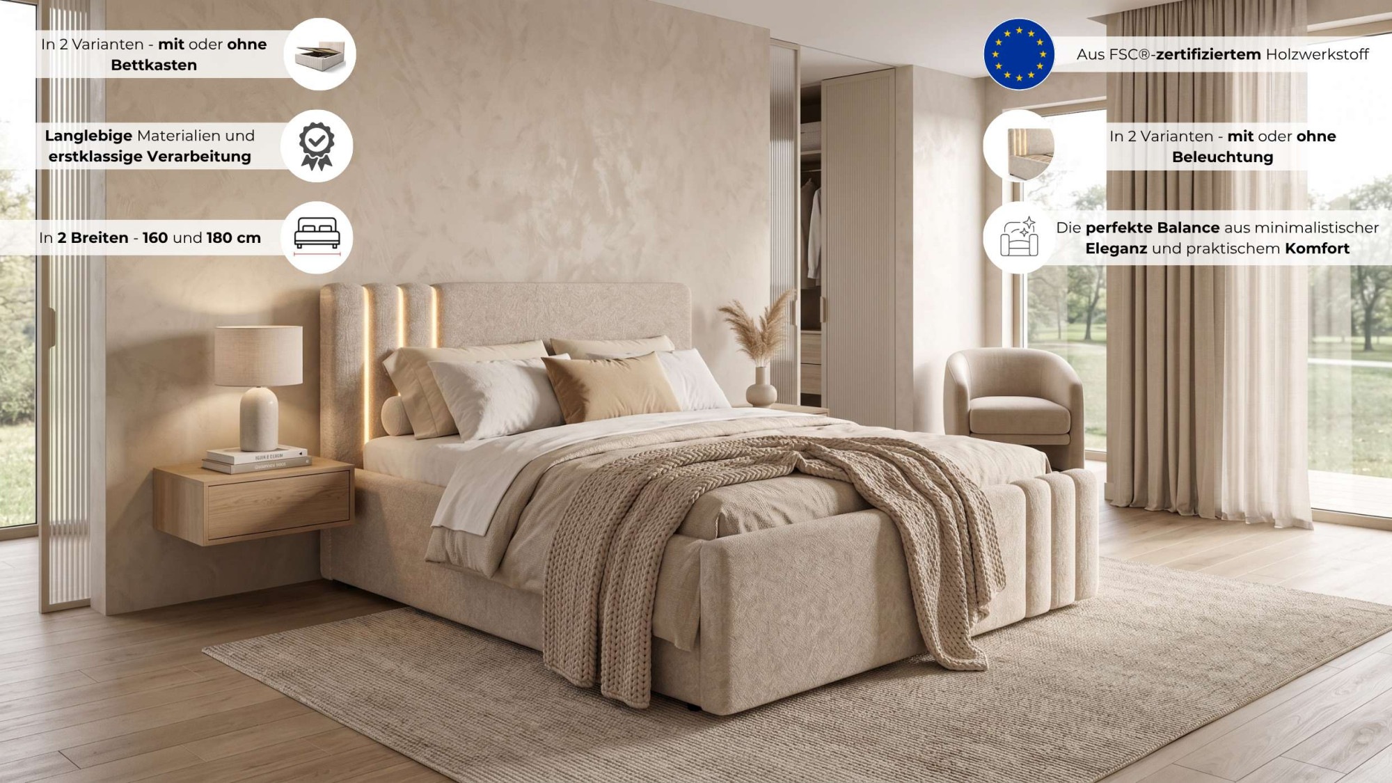Home affaire Polsterbett »AESSIA in 2 Breiten- 160 und 180 cm, mit/ohne Bettkasten, Chenille« Stauraumbett, gepolstertes Kopfteil, ohne Matratze, modernes Design