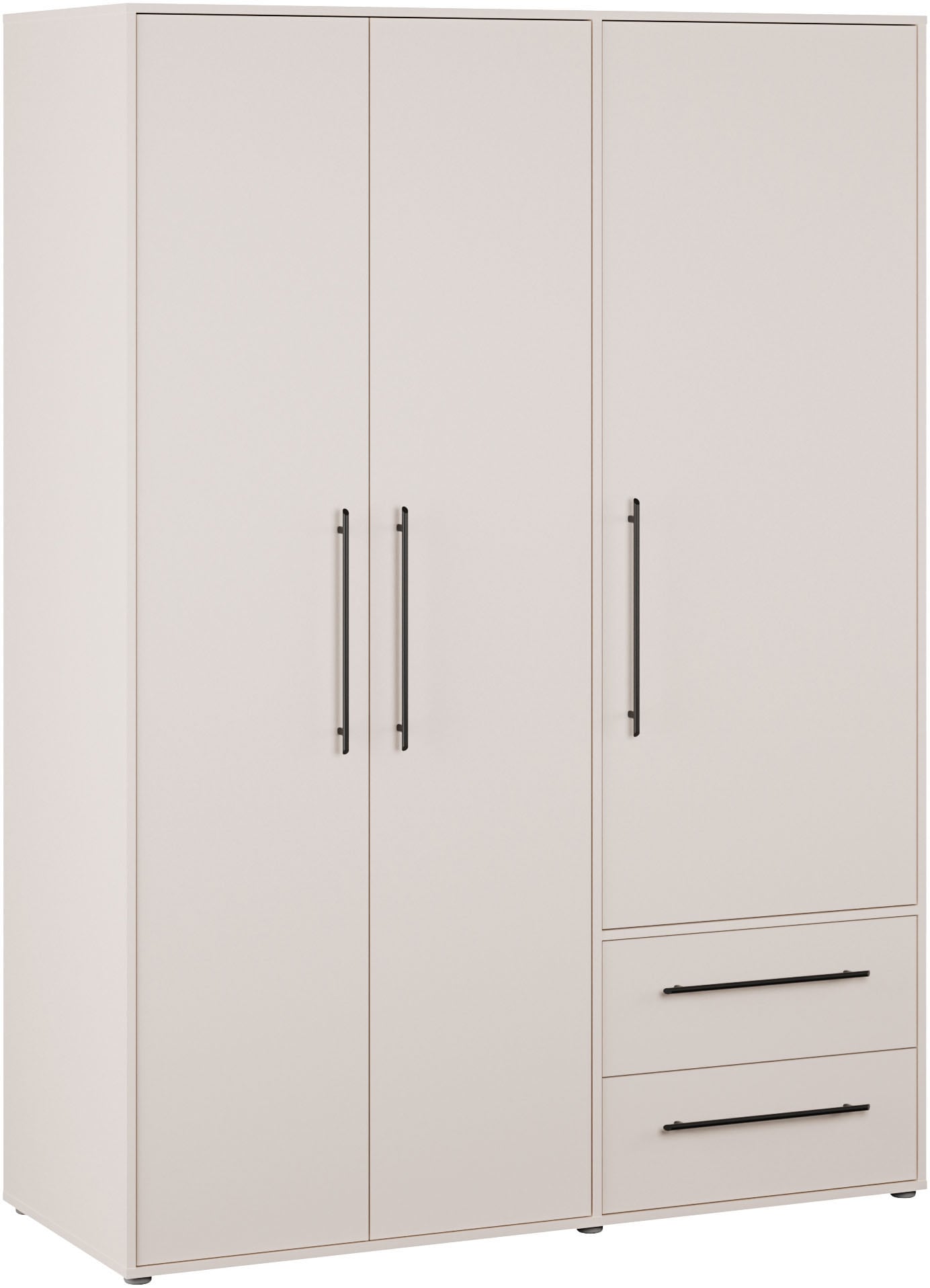 FORTE Kleiderschrank "Mokkaris, Garderobe, zeitloses Design, 3 Türen, Made in Europe" B/H/T ca. 144x200x59cm, Zwei Schubladen, schwarze Stangengriffe, Stauraum, auch in Schwarz