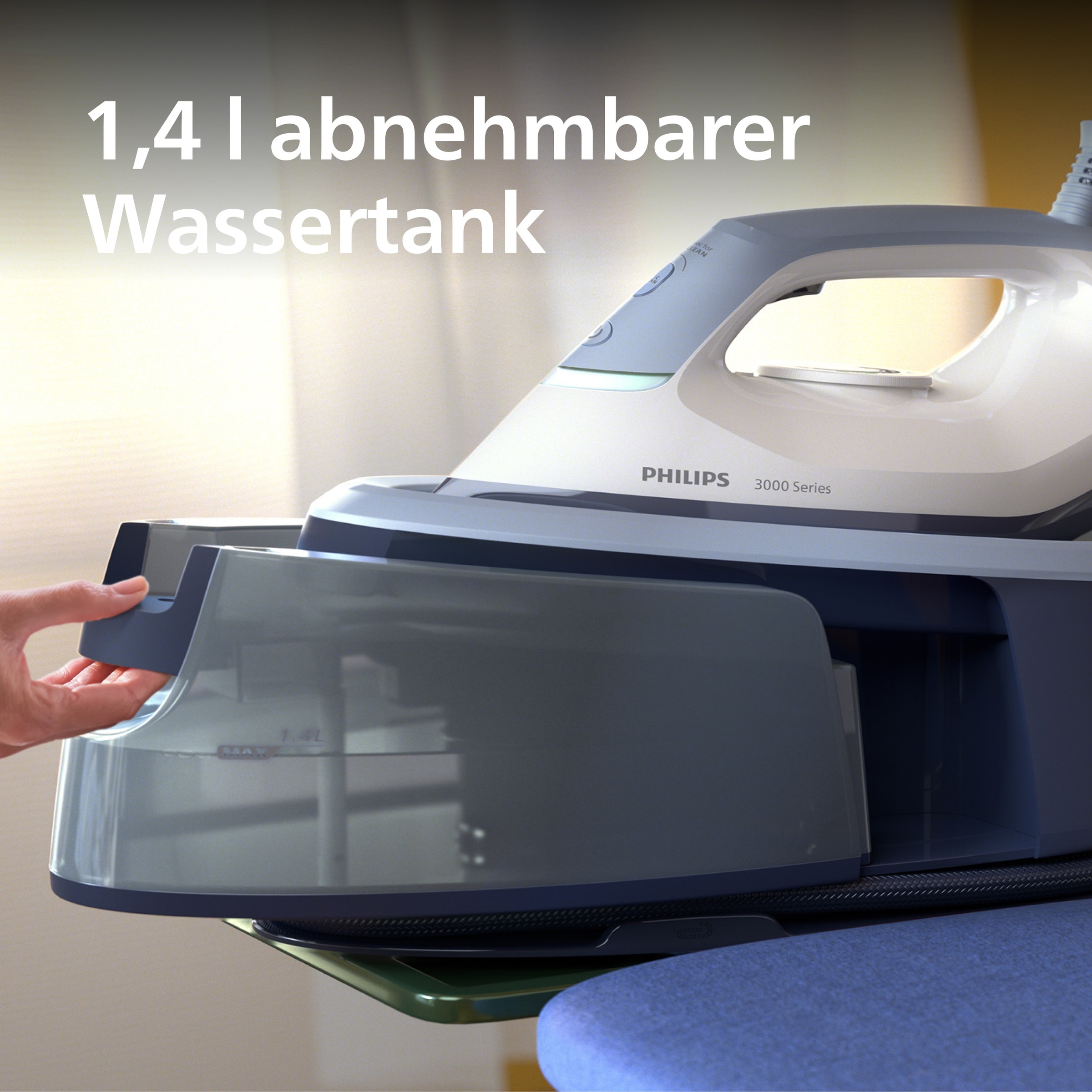 Philips Dampfbügelstation »PerfectCare 3000 Series PSG3000/20, hellblau/dunkelblau/weiß« 1.400 ml Wassertank 2.400 Watt, Vertikaldampf, Keramik-Bügelsohle, 350gr Dampfstoß