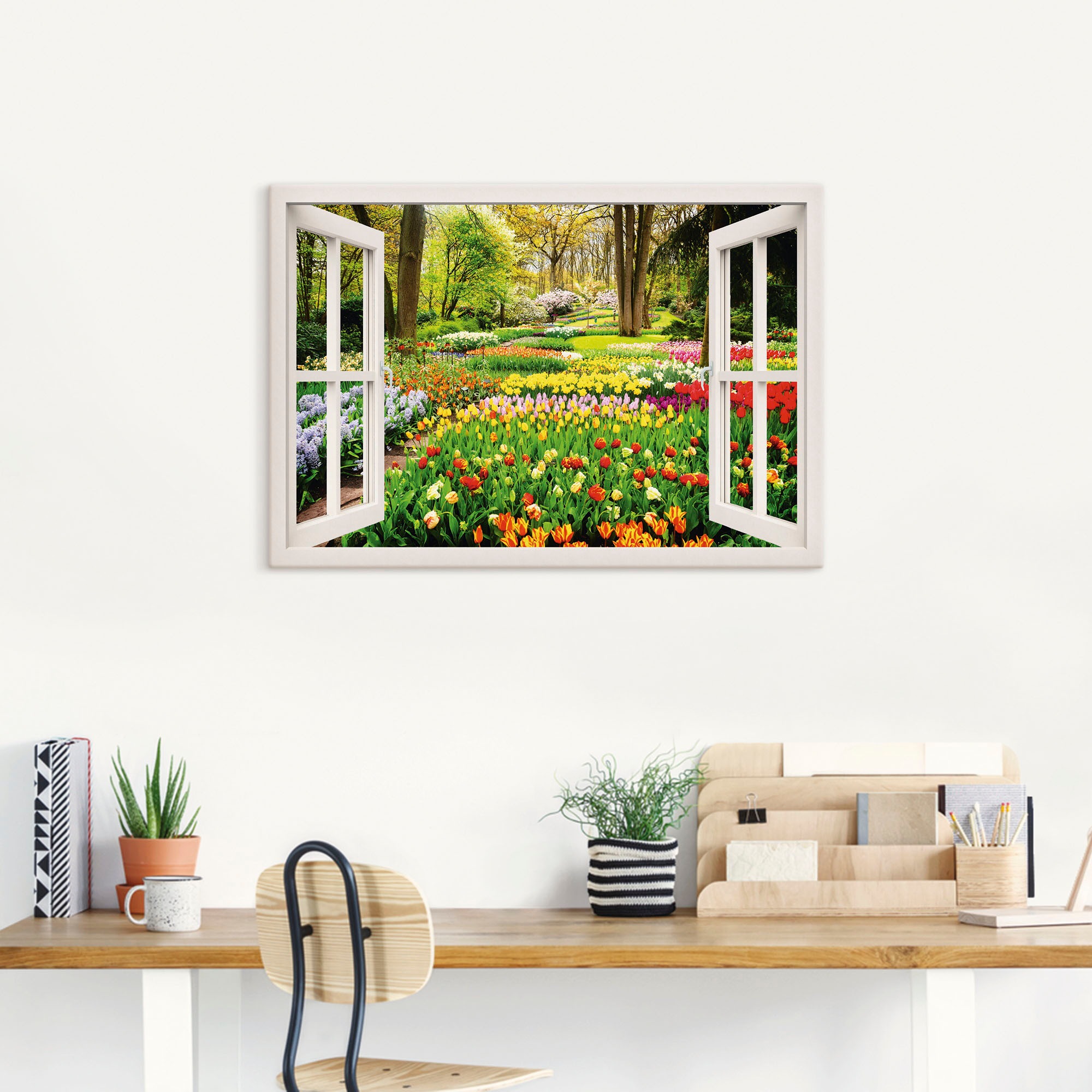 Artland Wandbild »Fensterblick Tulpen Garten Frühling«, Fensterblick, (1 St.), als Alubild, Outdoorbild, Leinwandbild, Poster, Wandaufkleber