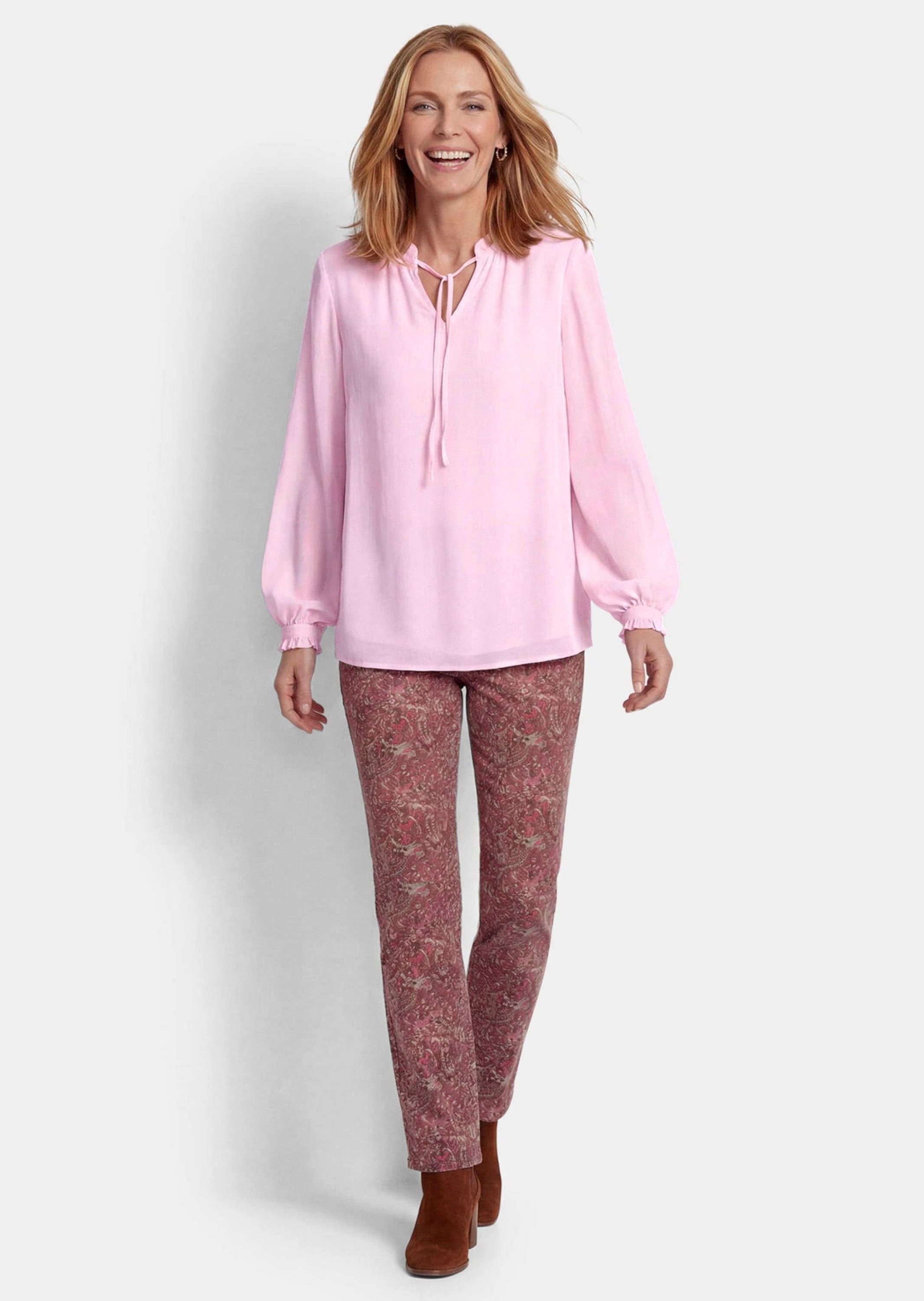 GOLDNER Schlupfbluse »Feminine Bluse mit Rüschen« Stoffbändchen am Ausschnitt