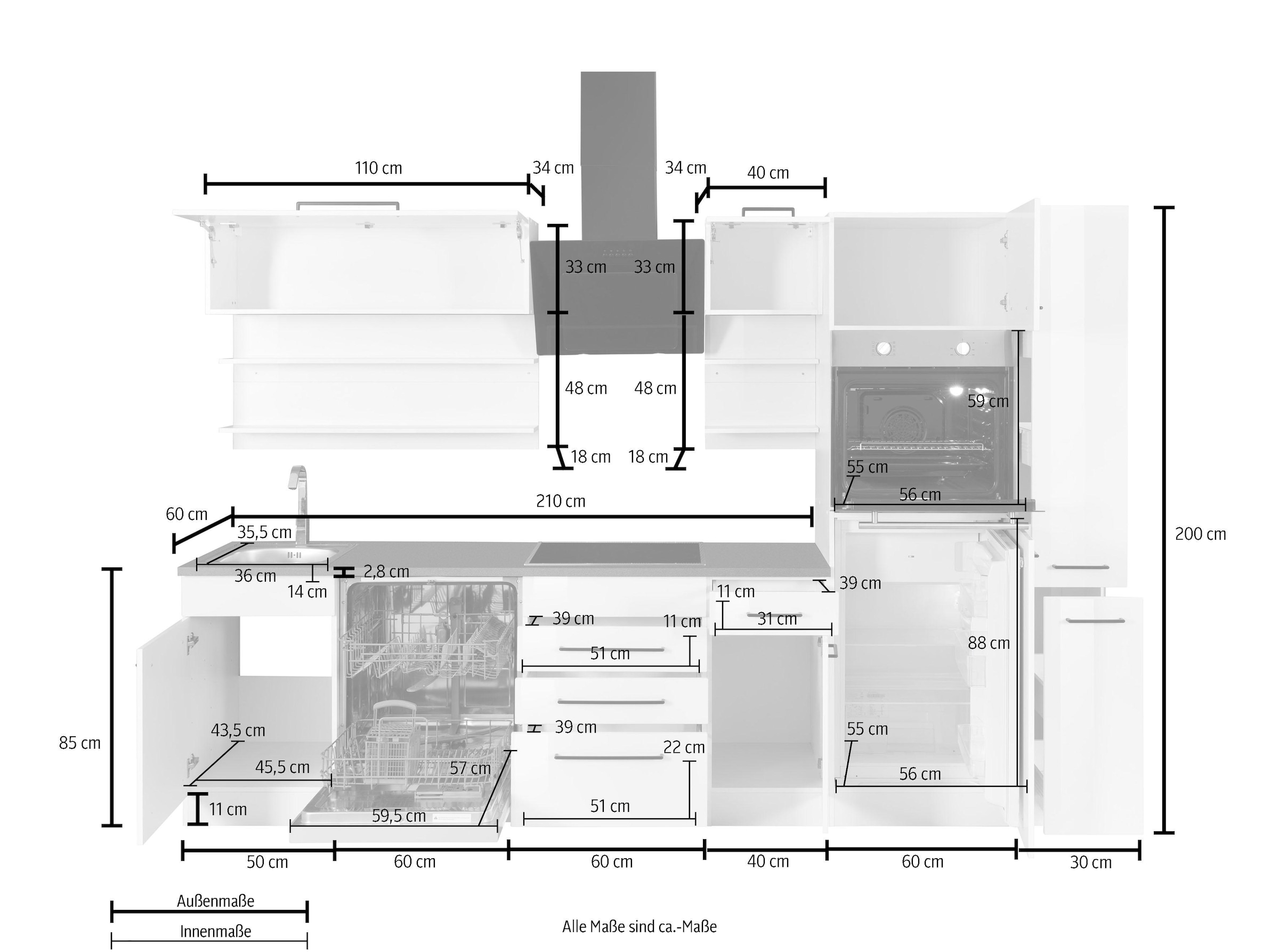 KOCHSTATION Küchenzeile »KS-Tulsa«, mit E-Geräten, Breite 300 cm, schwarze Metallgriffe, MDF Fronten