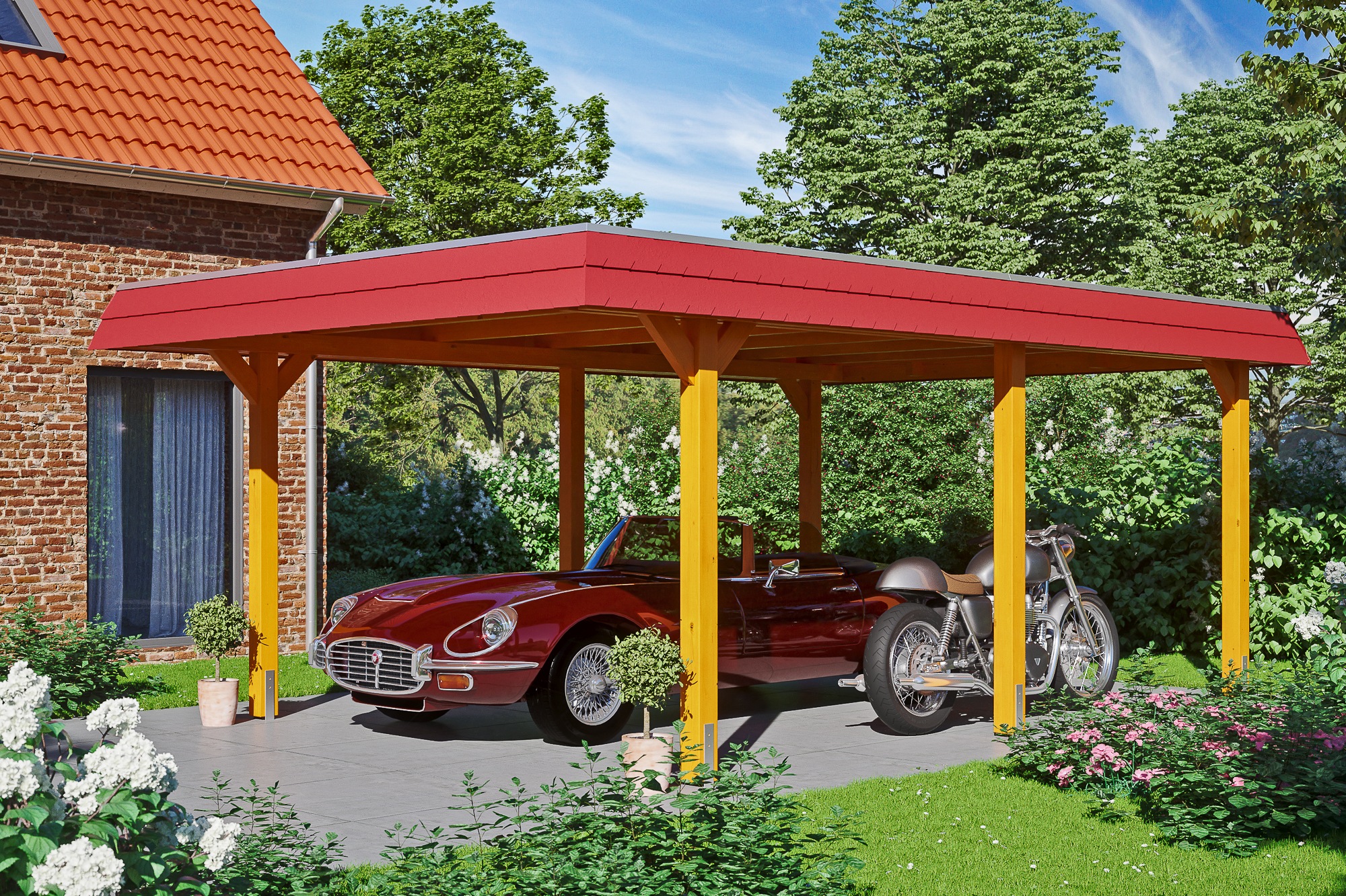 Skanholz Einzelcarport »Wendland«, Leimholz-Fichte, 341 cm, Eiche hell, mit EPDM-Dach, rote Blende