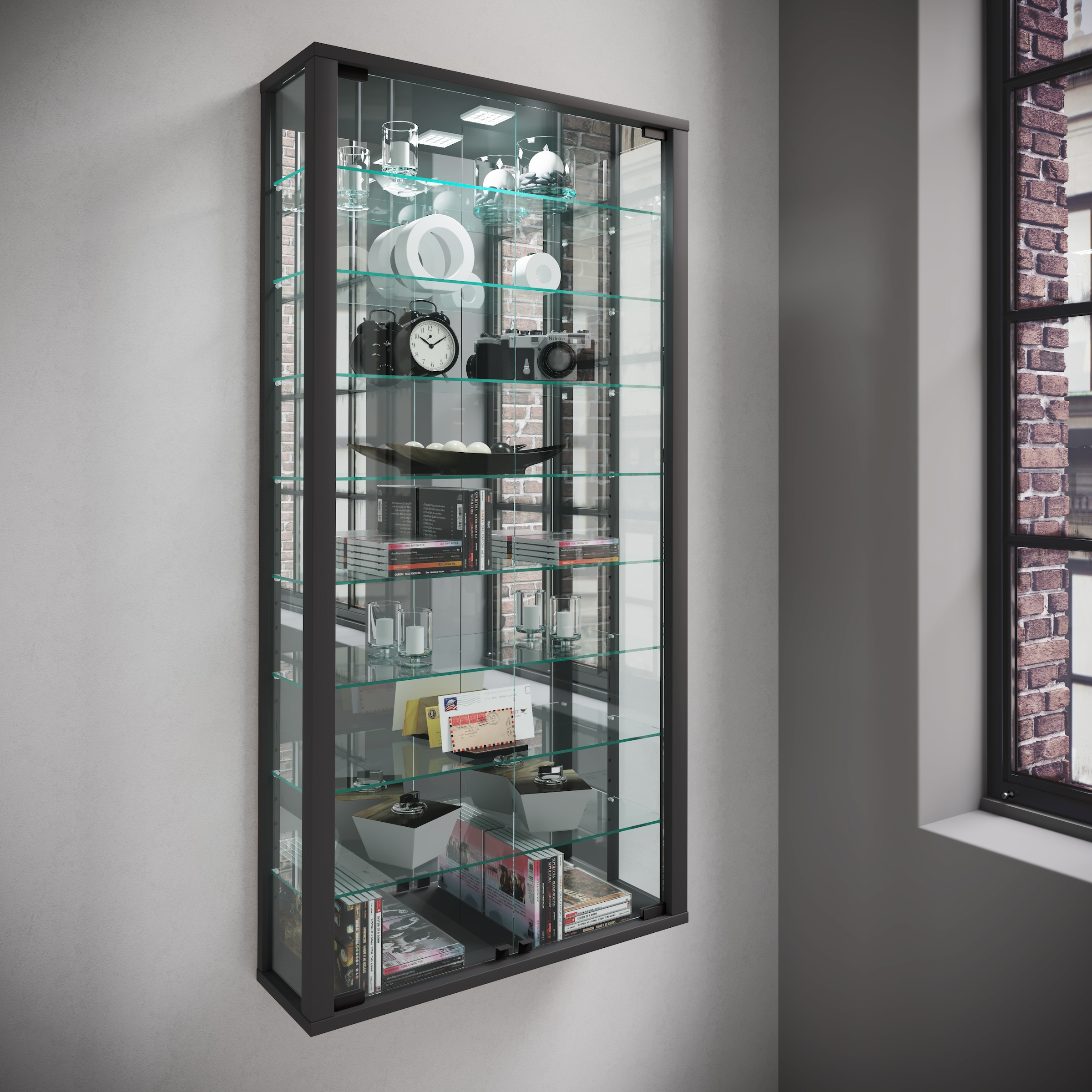 VCM Wandregal »VCM Glasvitrine hängend | Vitrine Glas mit ESG-Sicherheitsglas | Maße ca. H. 115 xx B. 59 x T. 18 cm| Hängevitrine Glas | Modern und platzsparend | Glas Vitrinenschrank - Vitrosa Maxi Spiegel«