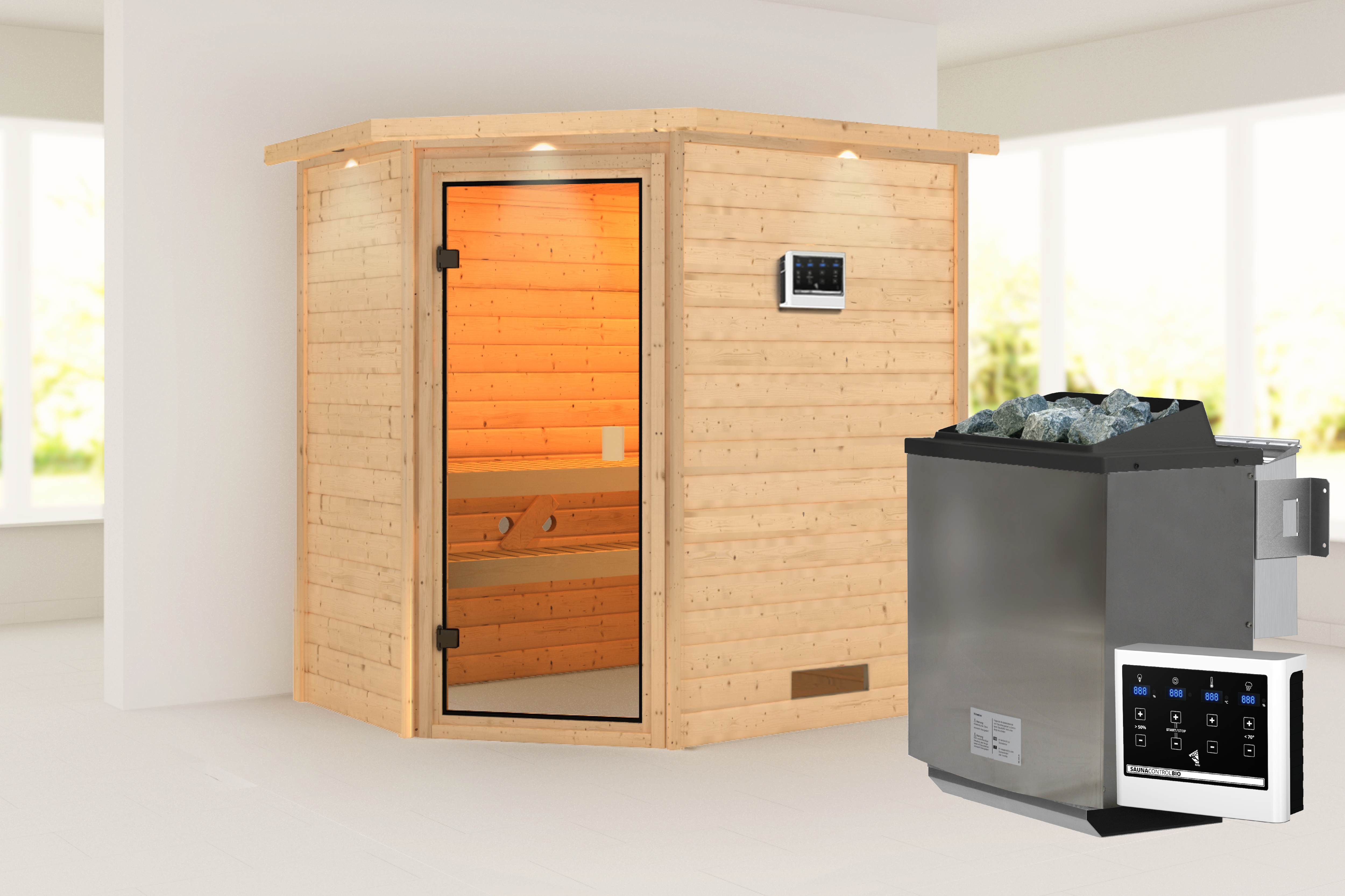 Karibu Sauna ""Juli" mit bronzierter Tür und Kranz SET, naturbelassen mit Ofen 9 kW" aus hochwertiger nordischer Fichte