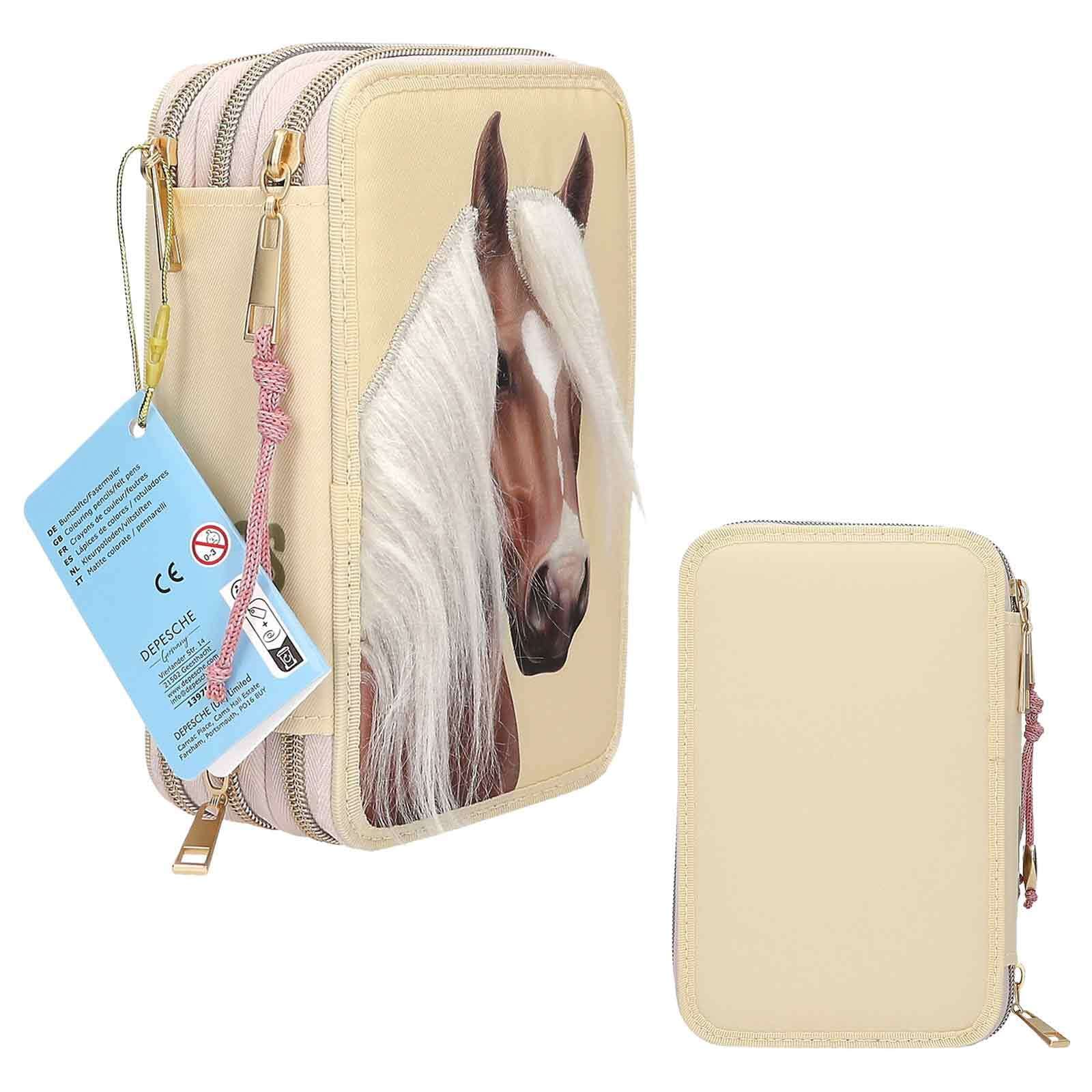Depesche Buntstift »3-Fach Federtasche mit Pferdekopf-Applikation inkl. Stifte Miss Melody 7,5 x 13 x 20 cm hellgelb«
