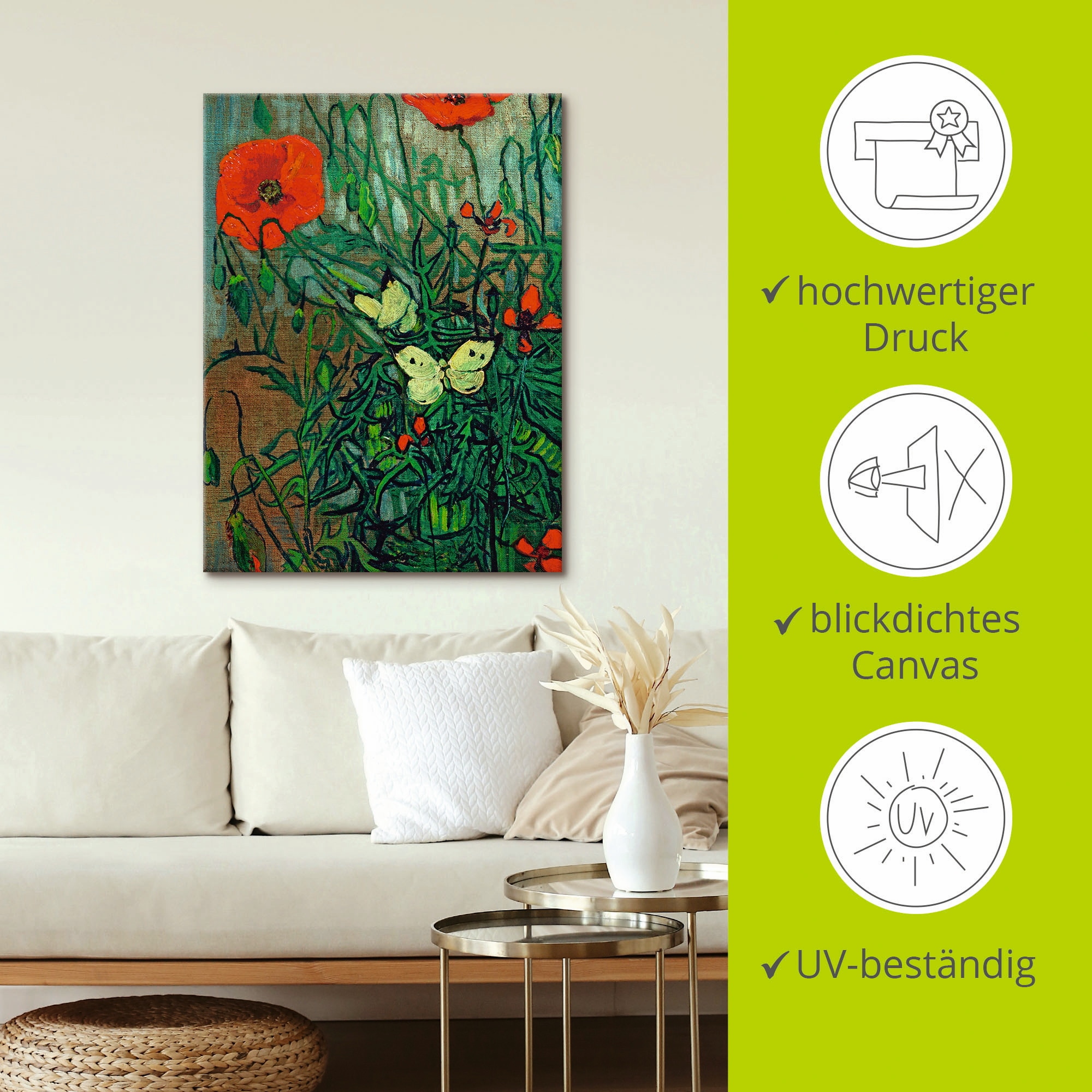 Artland Leinwandbild »Schmetterlinge auf Mohnblüten«, Blumen, (1 St.), auf Keilrahmen gespannt