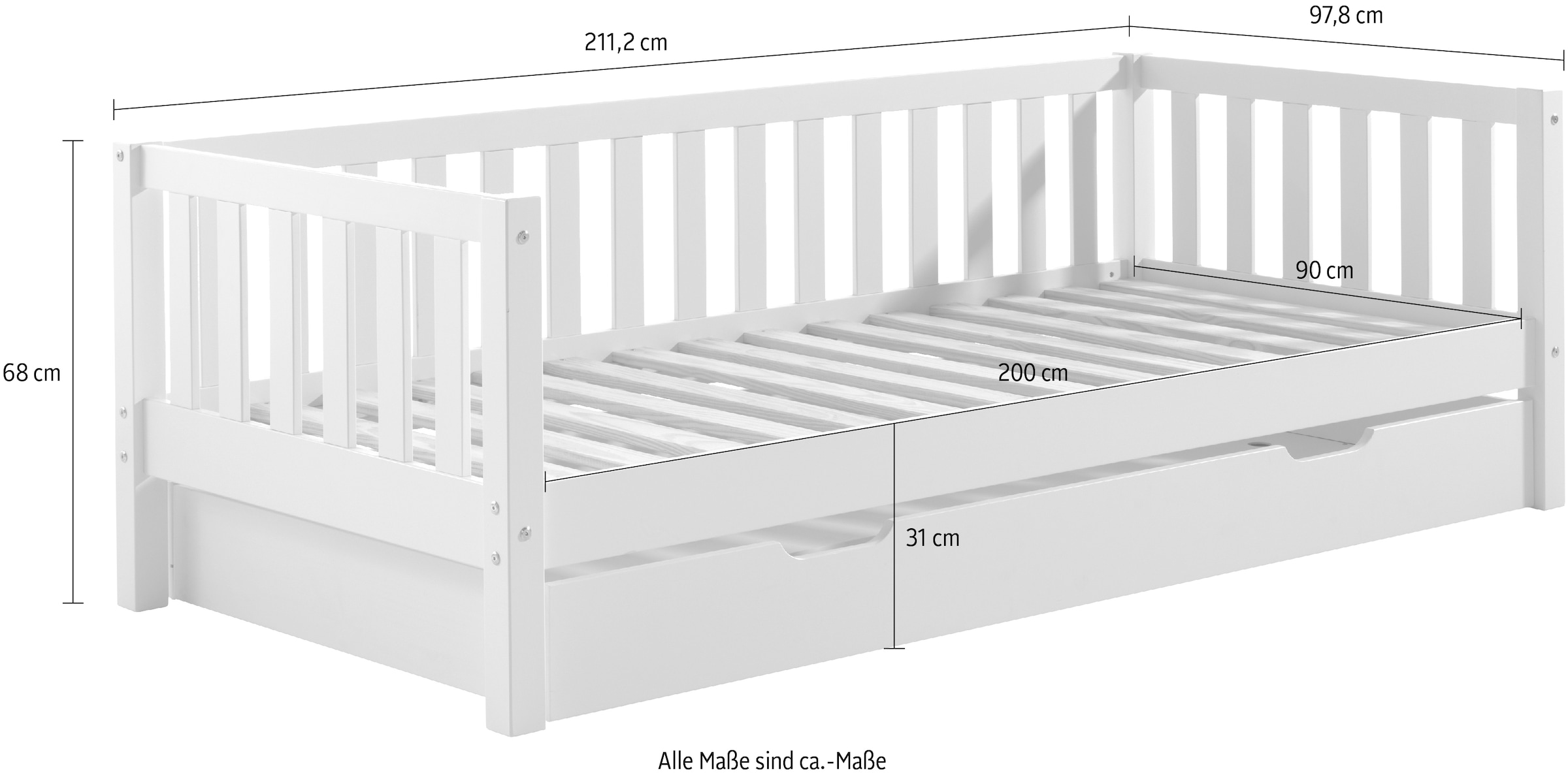 Vipack Einzelbett, (Made in Europe), Sprossenumrandung, Liegefläche 90x200 cm, in Milky Pine oder Weiß