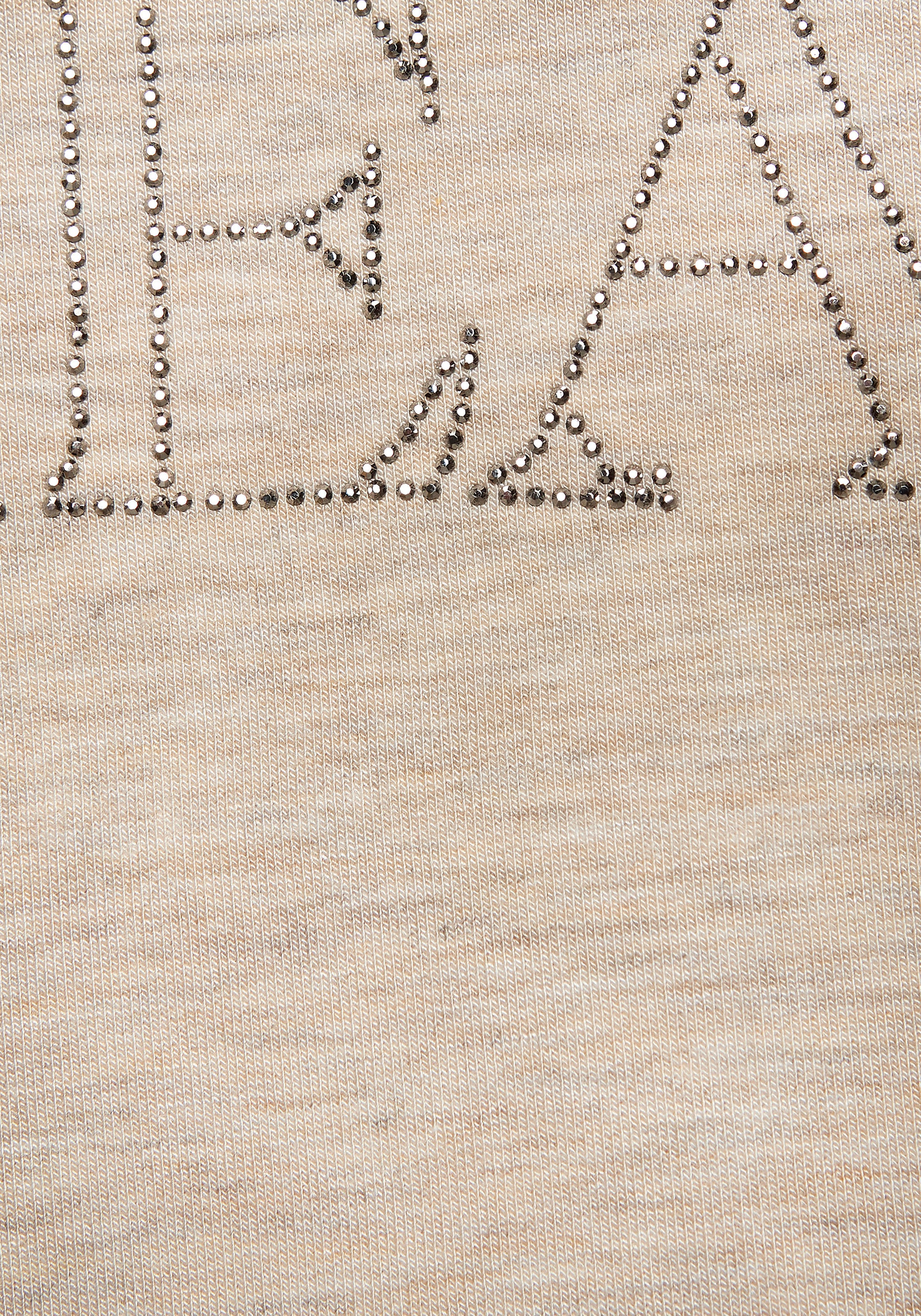 Rundhalsshirt LASCANA "mit Schriftzug aus Strasssteinen", Damen, Gr. 32/34, beige (beige meliert), Single Jersey, Obermaterial: 95% Viskose (LENZING™ ECOVERO™), 5% Elasthan, Glitzermuster, unifarben mit Farbeinsatz, bequem, Rundhals, Shirts Rundhalsshirt, 3