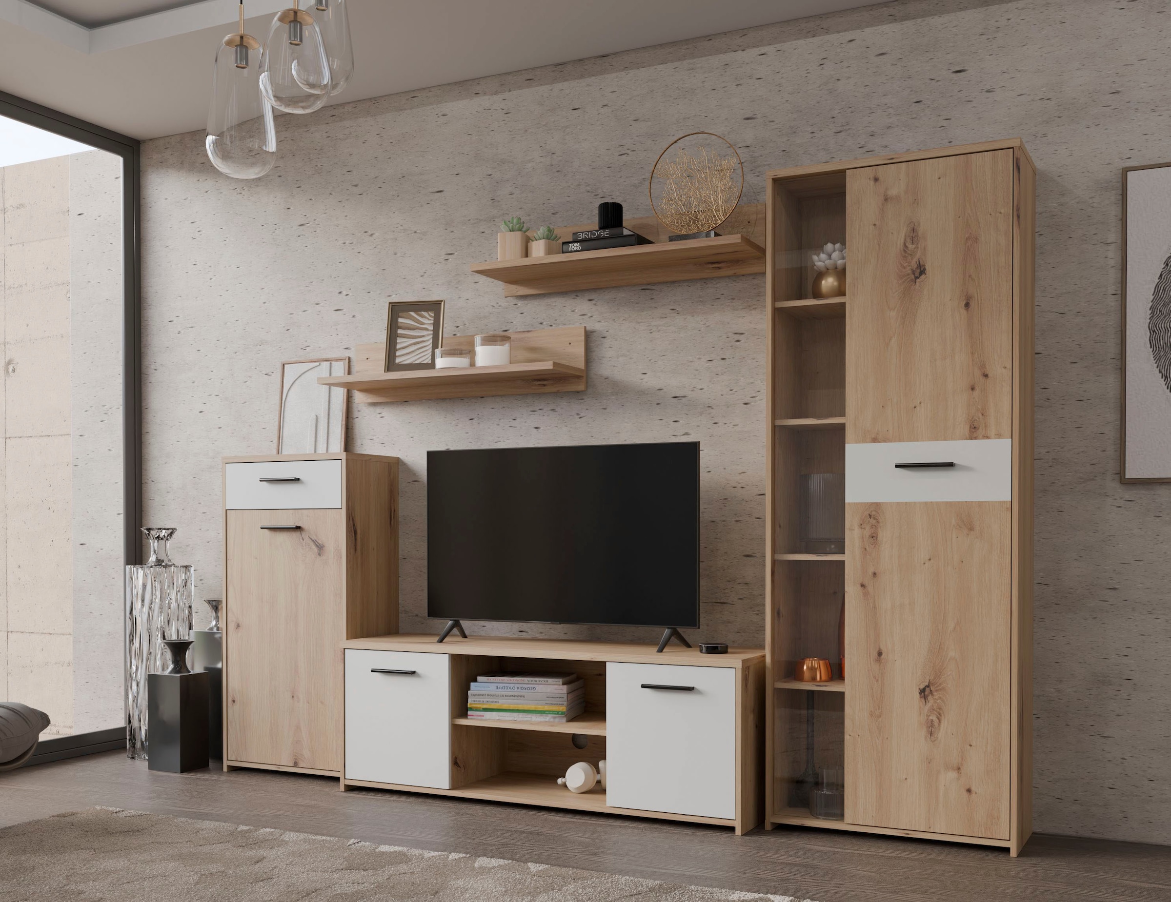 FORTE Wohnwand »Pablo«, (5 St.), Wohnwand 5teilig, Stauraum, Funktionalität, Artisan Eiche/Weiss