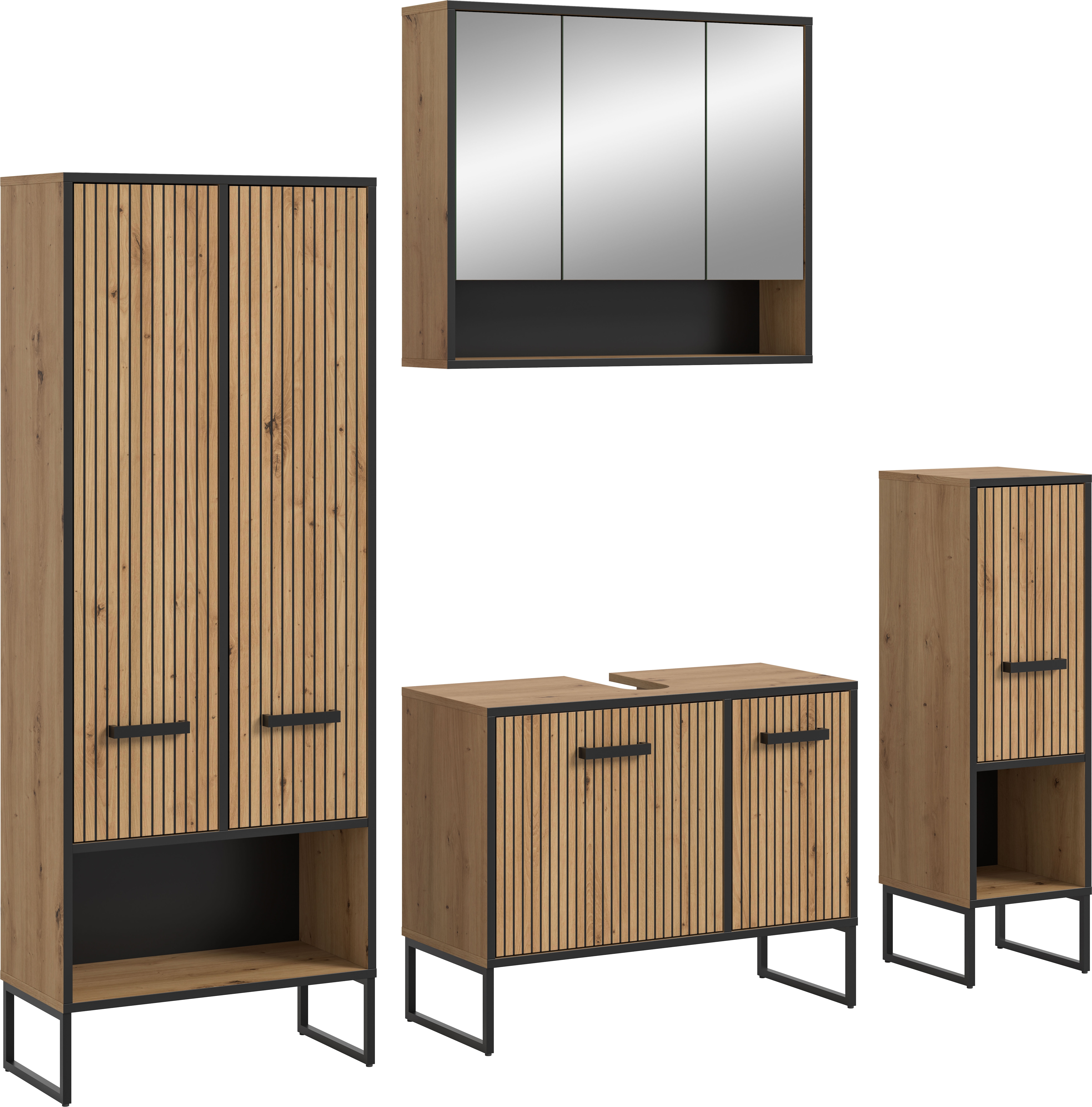 welltime Badmöbel-Set "LOCRI, 4-tlg. Badkombination, Breite 199 cm, Rillenoptik, Metallkufen" bestehend aus: Hochschrank, WBU, Spiegelschrank & Standschrank, 4 Stk. tlg.