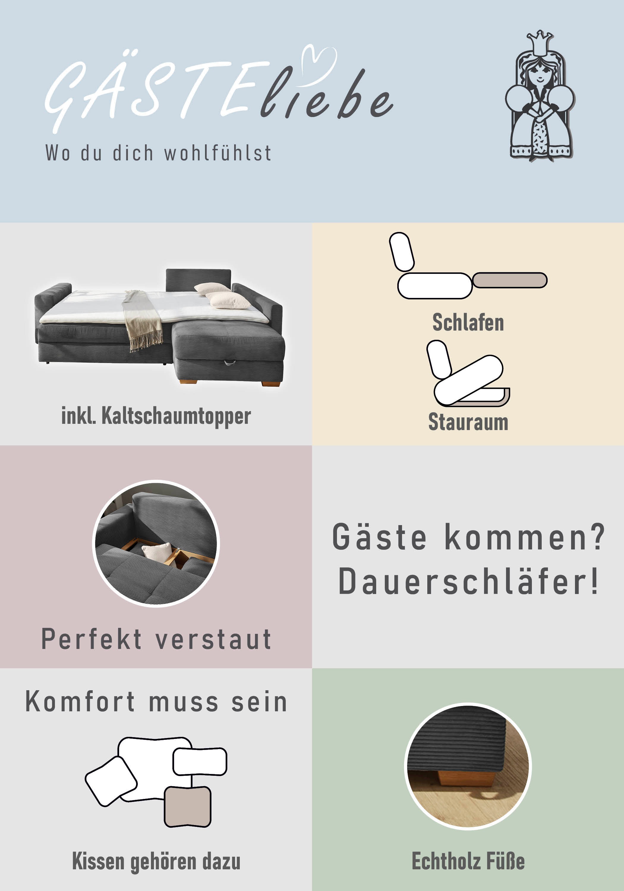 Jockenhöfer Gruppe Ecksofa »Sunset, Dauerschlafsofa mit«, Tonnentaschen-Federkern, 5cm Kaltschaumtopper, flexible montierbar