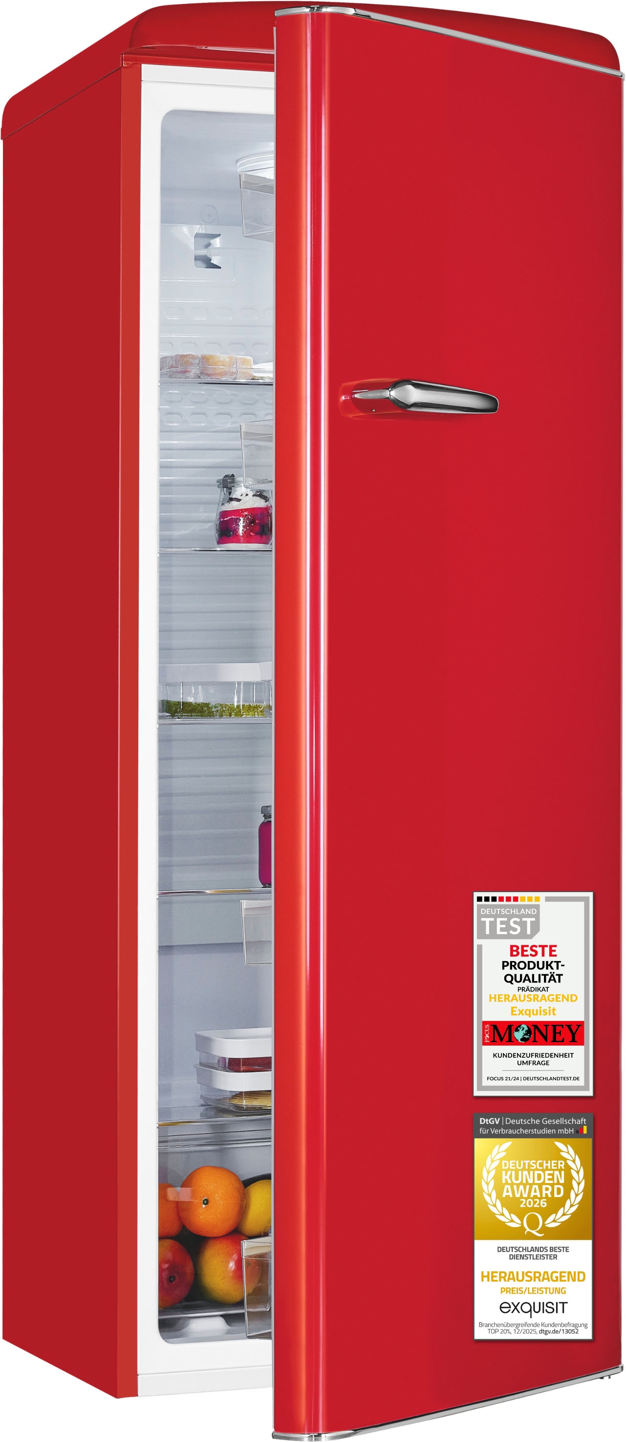 exquisit Kühlschrank "RKS325-V-H-160C rot" 146,5 cm hoch 54,5 cm breit LED-Beleuchtung, verstellbare Glasböden, Retro-Design