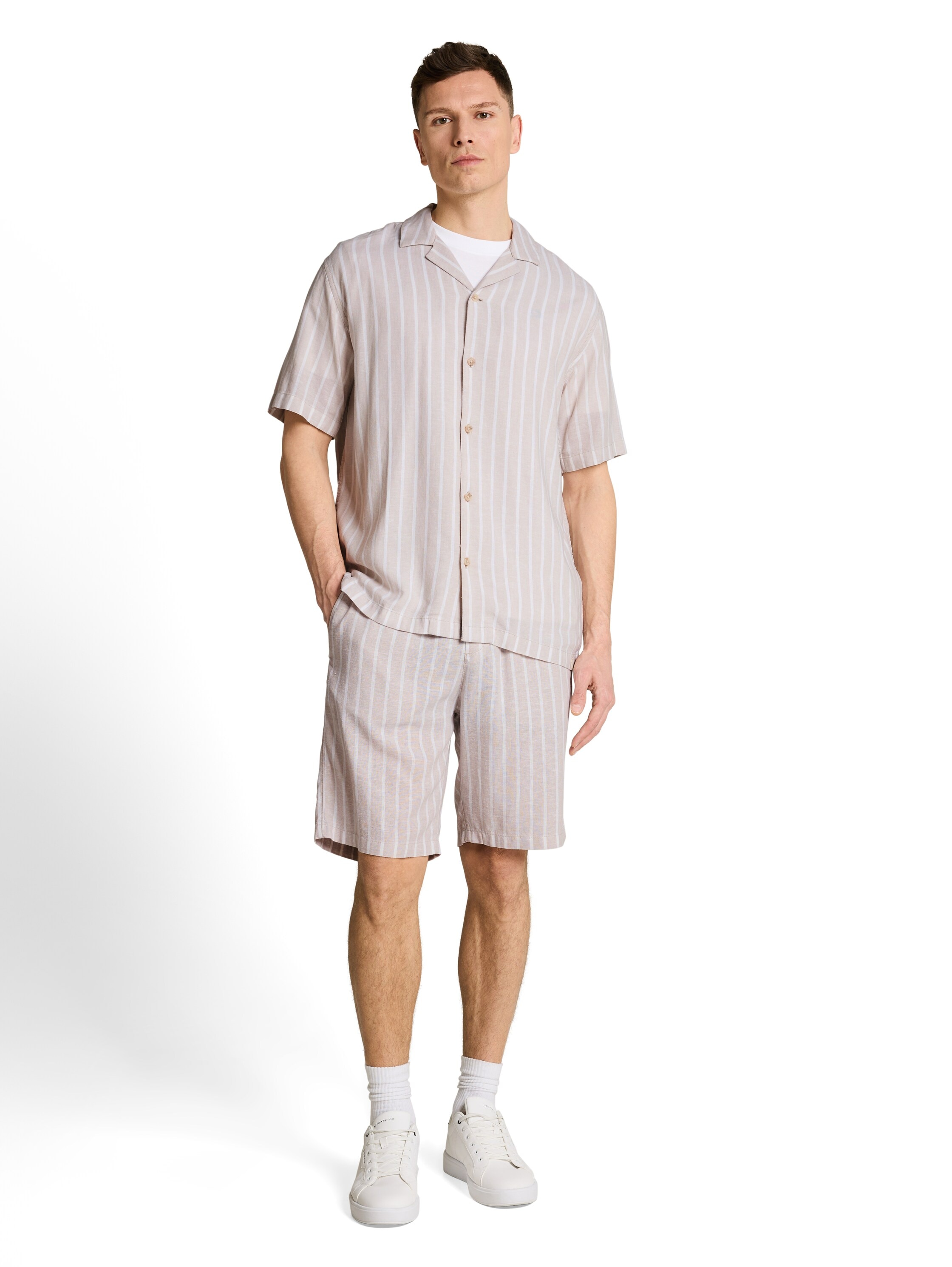 TOM TAILOR Denim Kurzarmshirt Sommerhemd im Streifen-Look und aus Viskose mit Leinen
