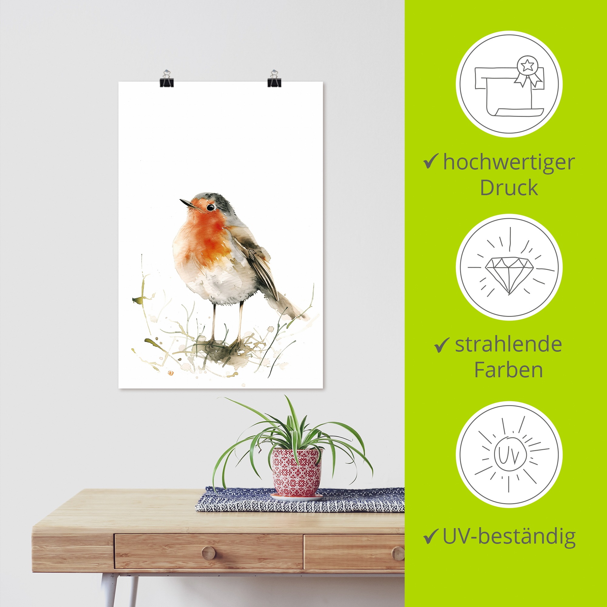 Wandbild ARTLAND "Aquarell Rotkehlchen", farbe bild(er): rot, B:40cm H:60cm, Papier, Bilder, als Alubild, Leinwandbild, Poster, Wandaufkleber in verschied. Größen 2