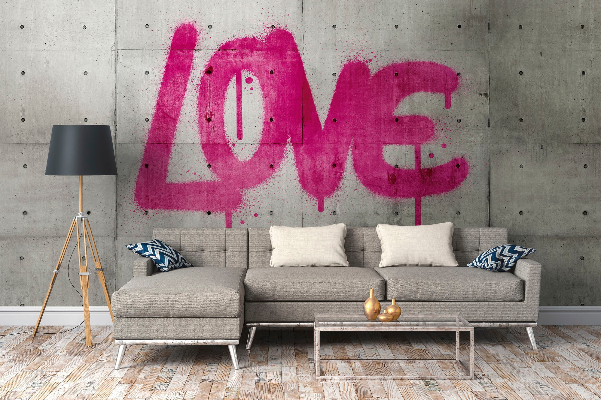 living walls Fototapete »The Wall«, Steinoptik-urban-mit Schrift, Fototapete Modern Tapete Betonoptik Grau Pink