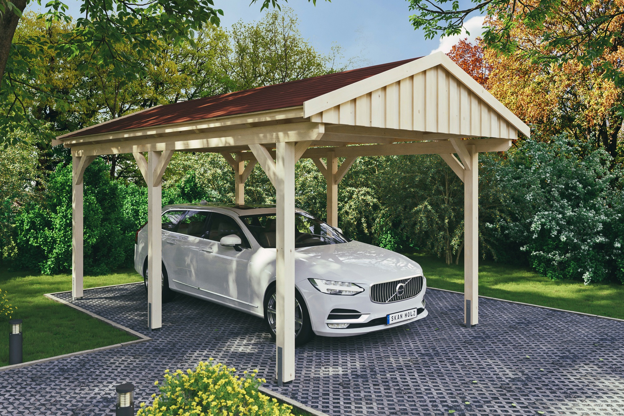 Skanholz Einzelcarport "Fichtelberg" Leimholz natur mit roten Schindeln