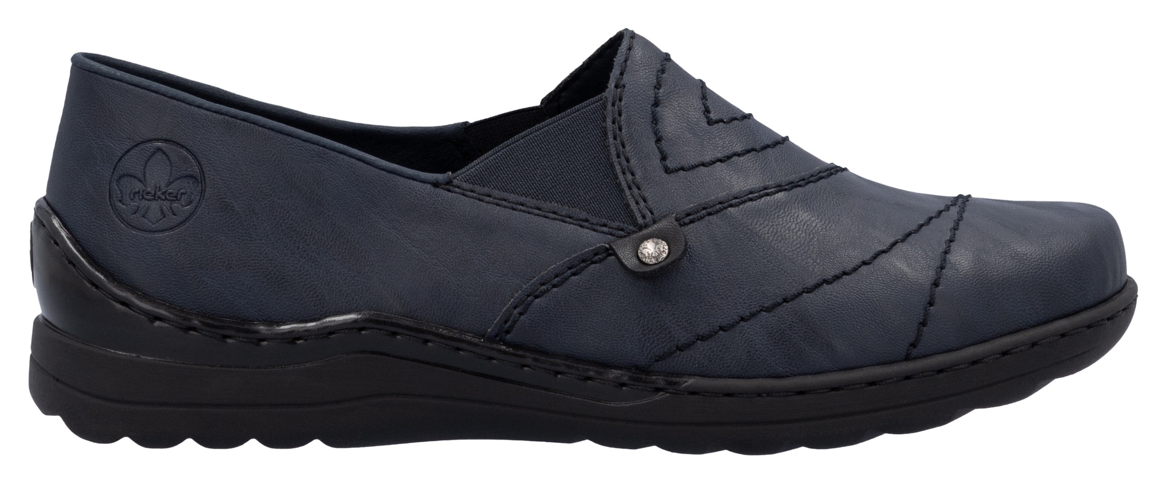 Rieker Slipper, Schlupfschuh, Halbschuh, Slip on mit Stretcheinsatz und Ziersteppung