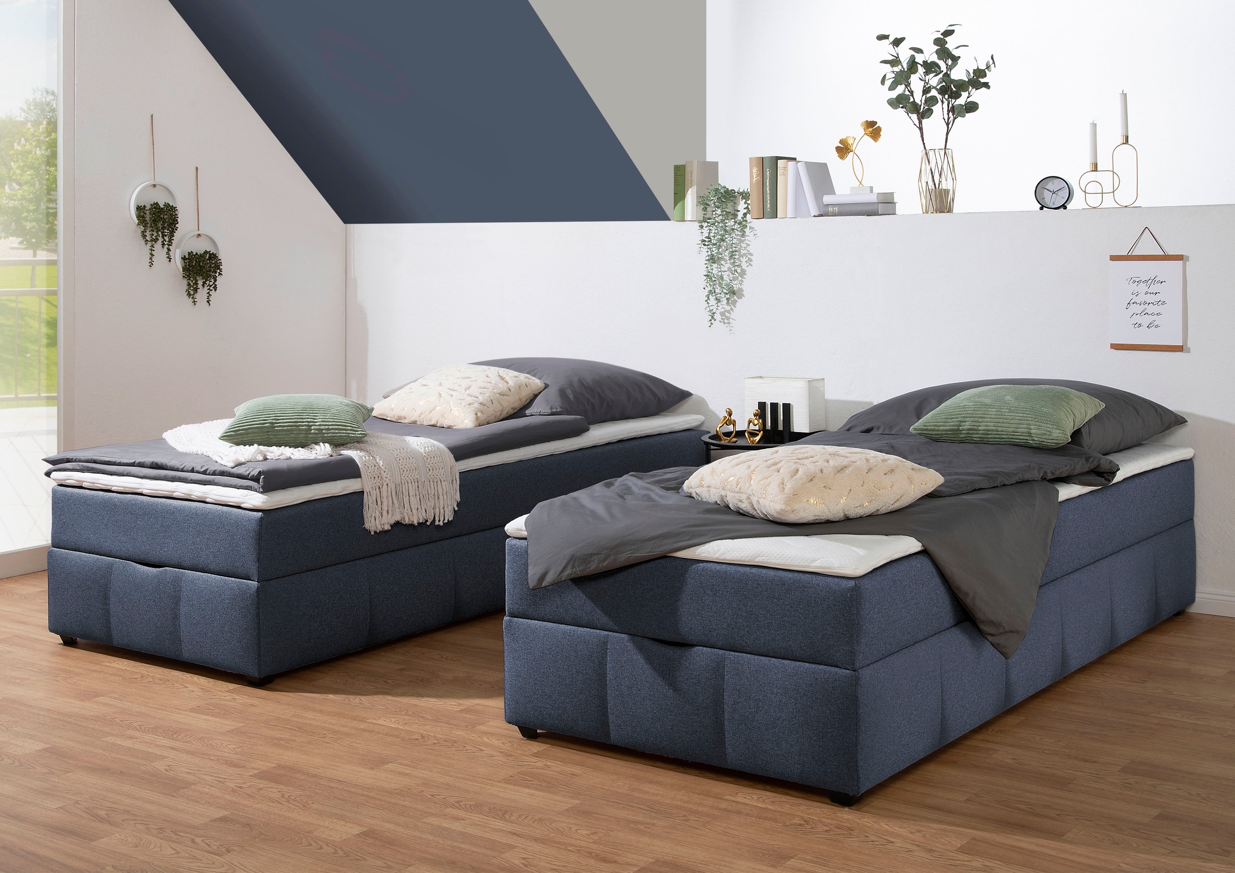 Boxbett HOME AFFAIRE "Niemes inkl. Bettkasten und Topper, auch in Überlänge erhältlich", denim, blau, B:94cm L:204cm, Komplettbetten, Boxbett ohne Kopfteil, inkl. Topper