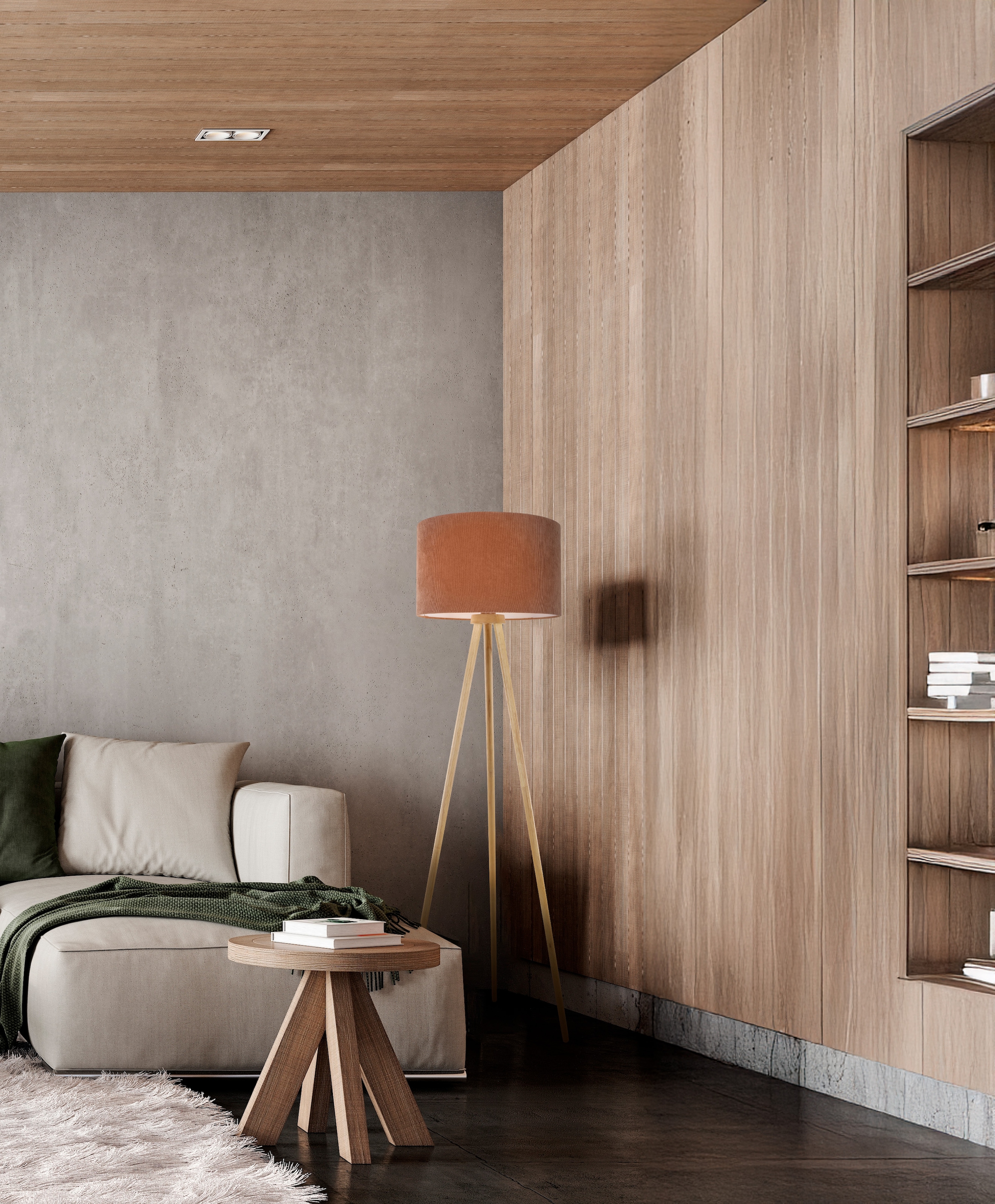 näve Stehlampe »Ardita« E27 1 Stk. Schirm Textil (Cord) braun, Gestell Dreibein Holz natur, H: 152cm, E27