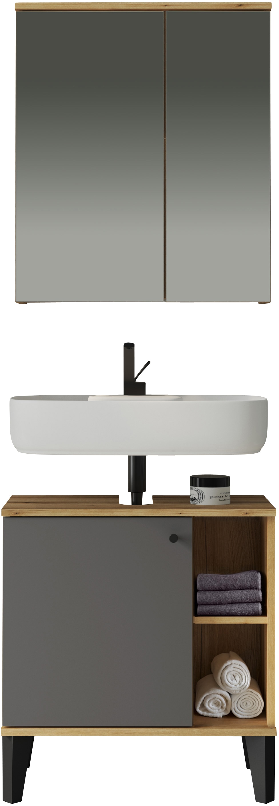 INOSIGN Badmöbel-Set »OSLO, Bad im skandinavischen Design, 2-teiliges Badezimmer«, (Set, 2 St.), Unterschrank und Spiegel, in zwei Farben verfügbar, viel Stauraum
