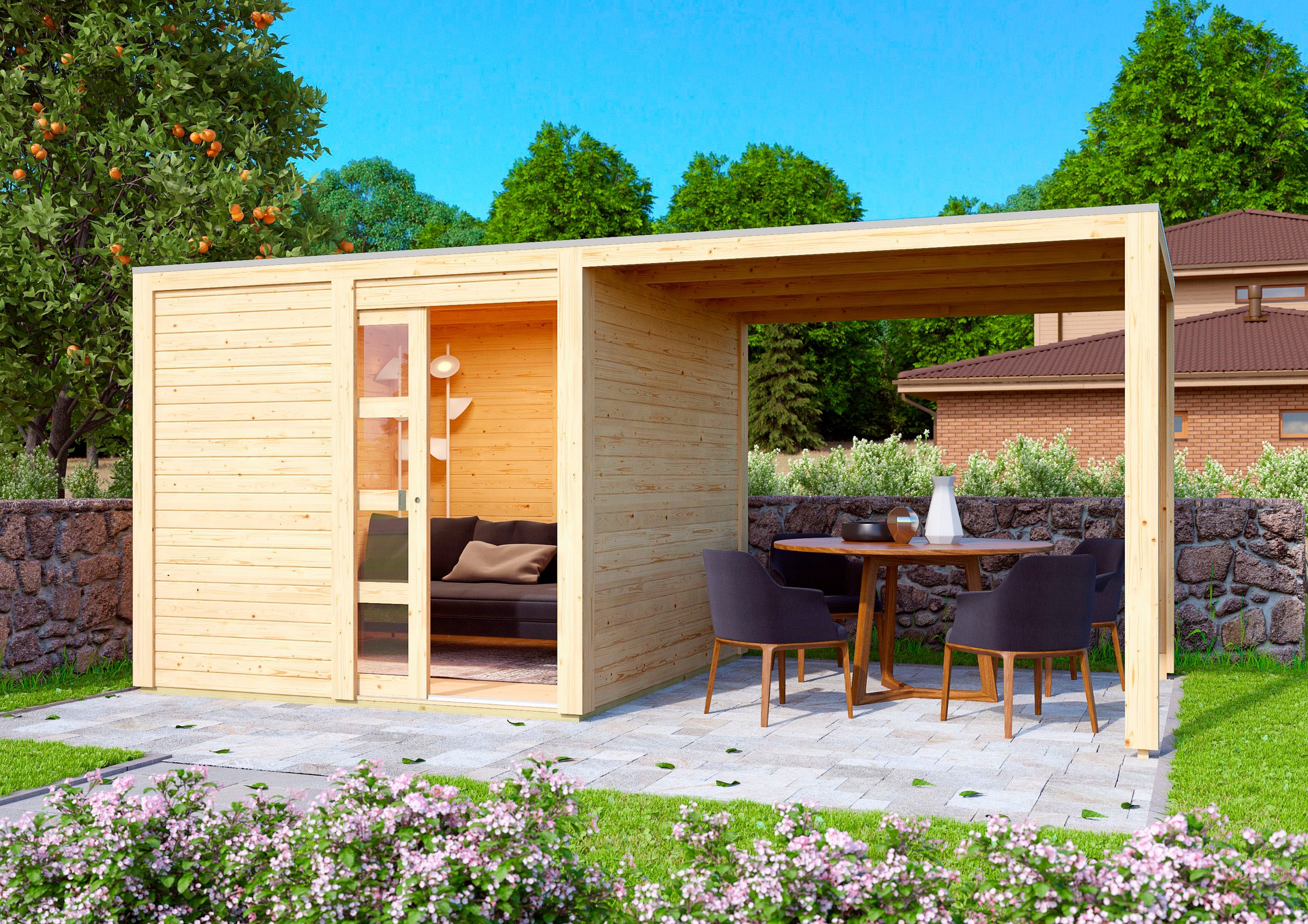 Karibu Gartenhaus "Quellsee 1" mit Anbaudach, naturbelassen oder terragrau günstig online kaufen