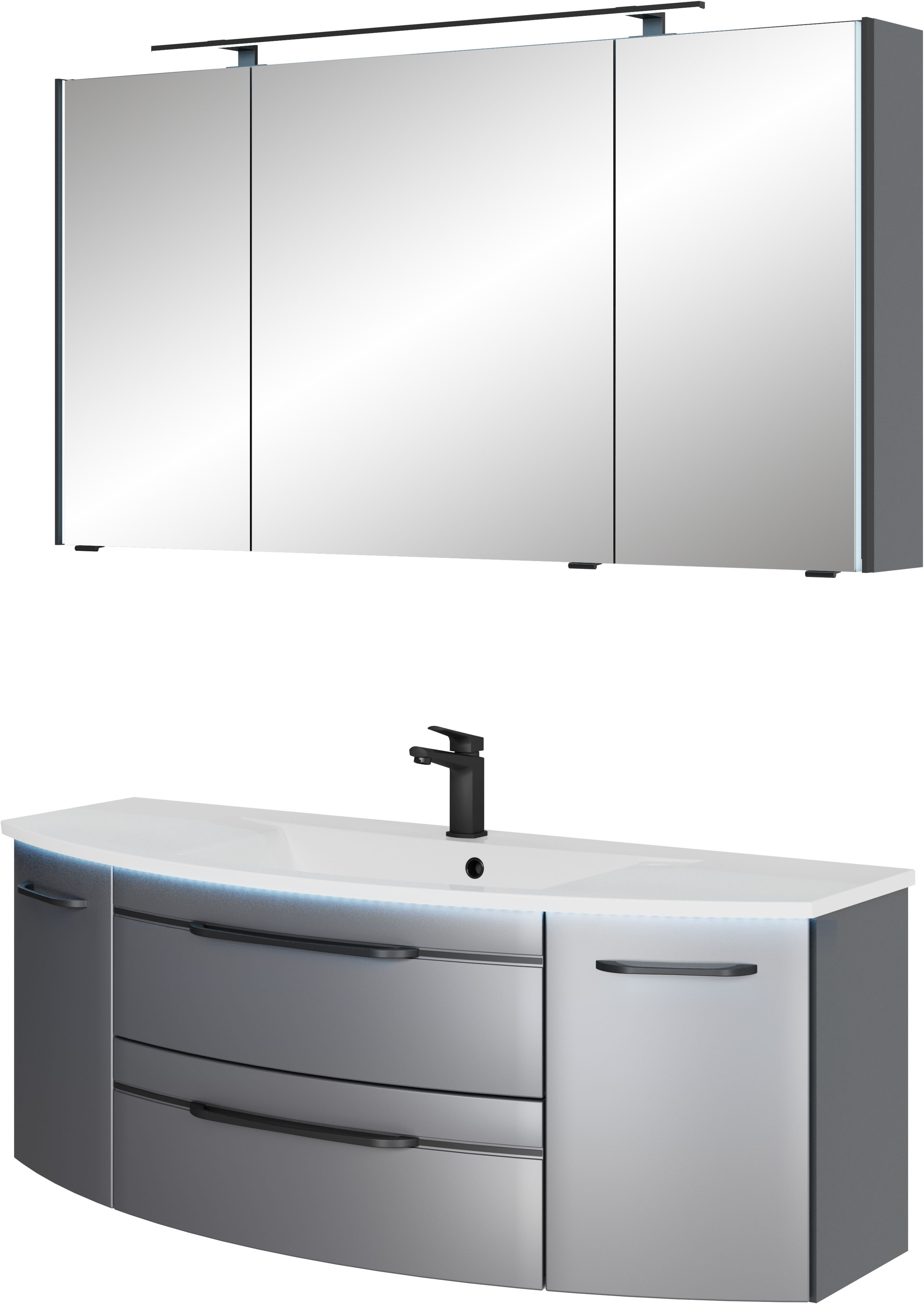 Saphir Badmöbel-Set »Serie 7045 2-teilig Mineralmarmor-Waschtisch mit LED-Spiegelschrank«, (Set, 2 St.), Badezimmer-Set 133,2 cm breit, inkl. Türdämpfer, 5 Türen, 2 Schubladen