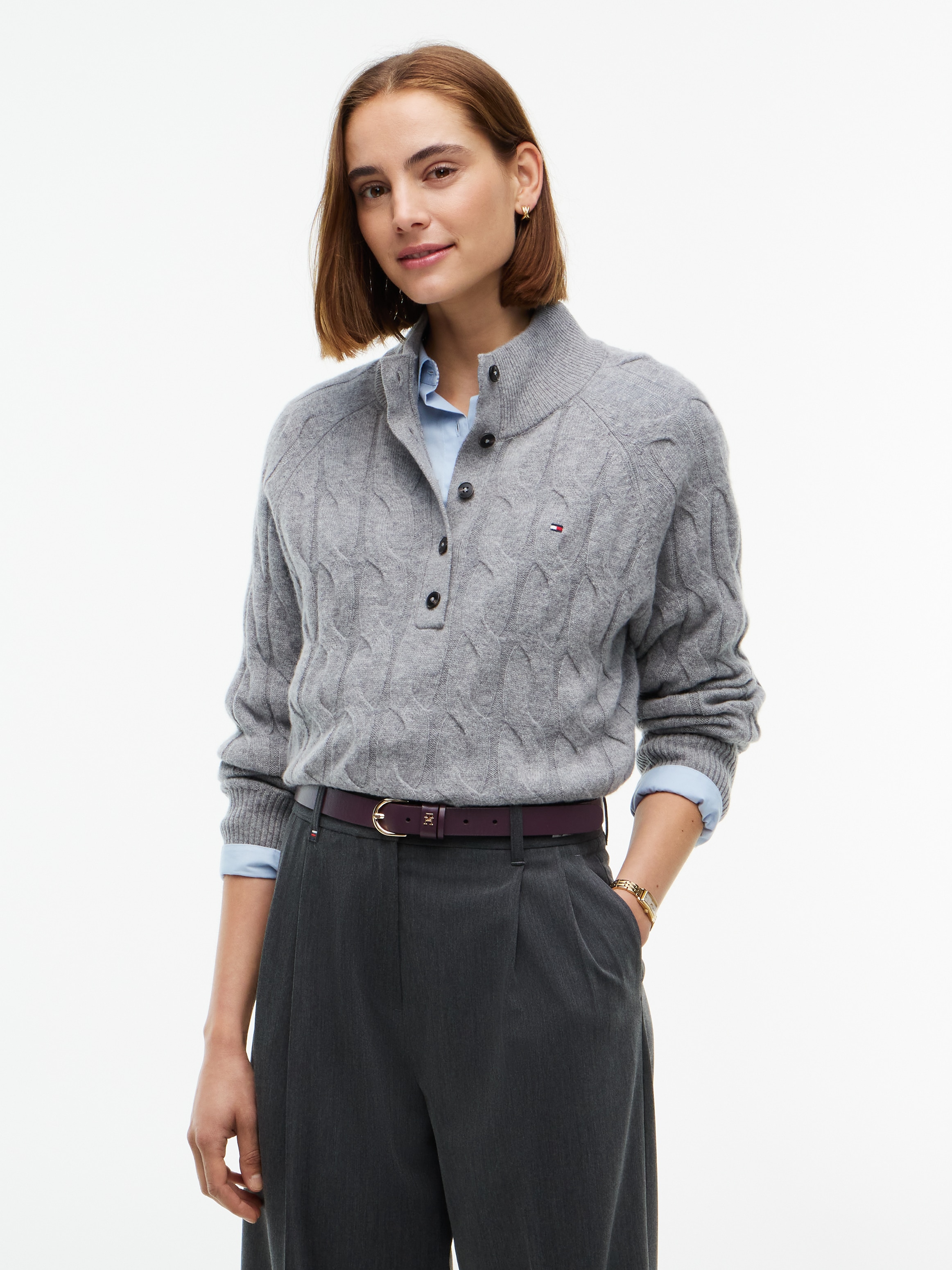 Tommy Hilfiger Strickpullover "SOFT WOOL CABLE MK-NK HENLEY" Wolle, mit Zopfmuster