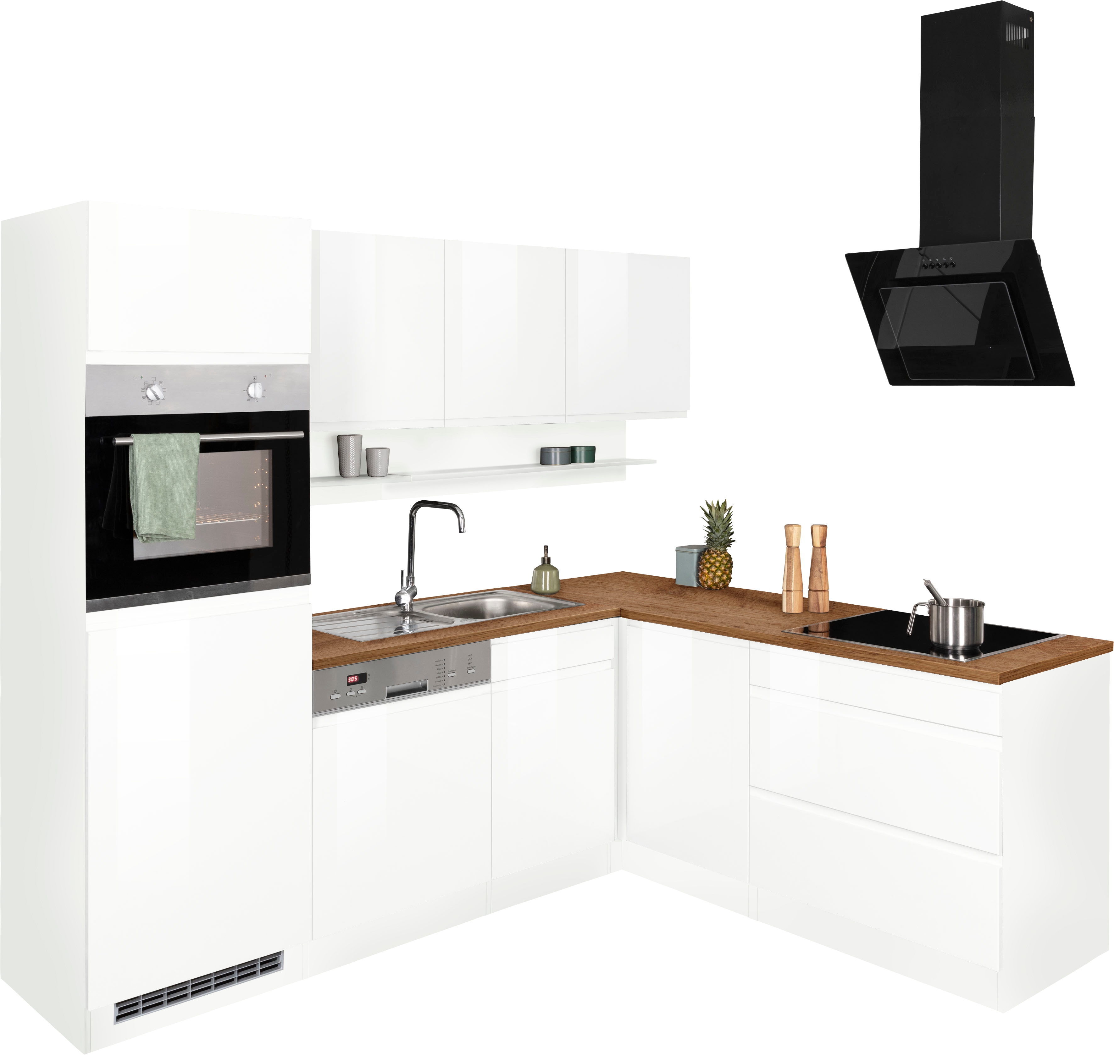 KOCHSTATION Winkelküche "KS-Virginia,neu in verbesserter Ausführung" Arbeitsplatte 38 mm stark, Stauraum, Softclose, Stellbreite 230/190 cm, Soft-Close,wahlweise mit Induktion