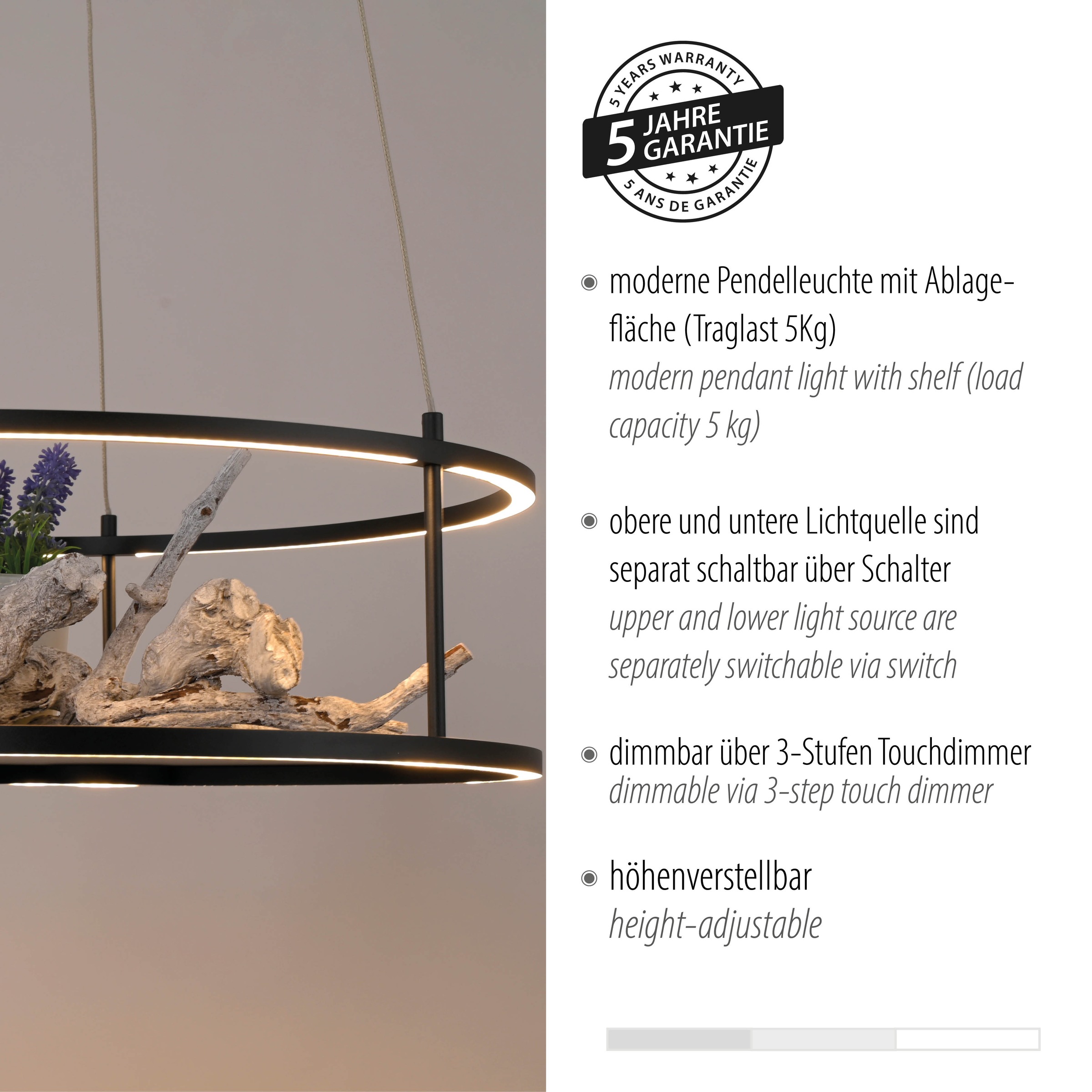 Paul Neuhaus LED Pendelleuchte »CONTURA« LED-Board 1 Stk. Warmweiß Touchdimmer, separat schaltbar, Memoryfunktion, Deko-Ablagefläche