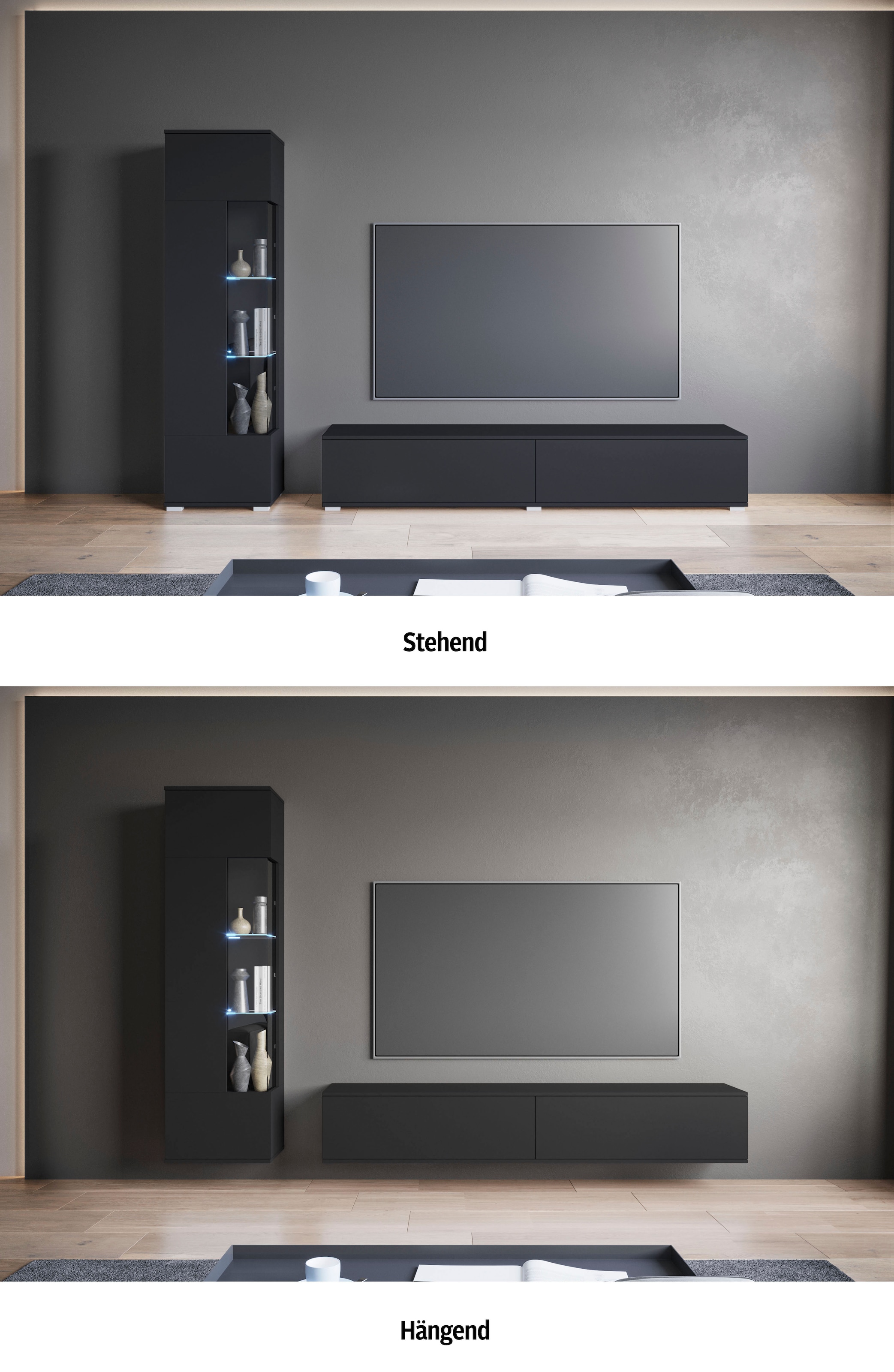 INOSIGN Wohnwand »Kenia«, (Komplett-Set, 2 St.), Vitrine mit Eckverglasung, hängend und stehend montierbar