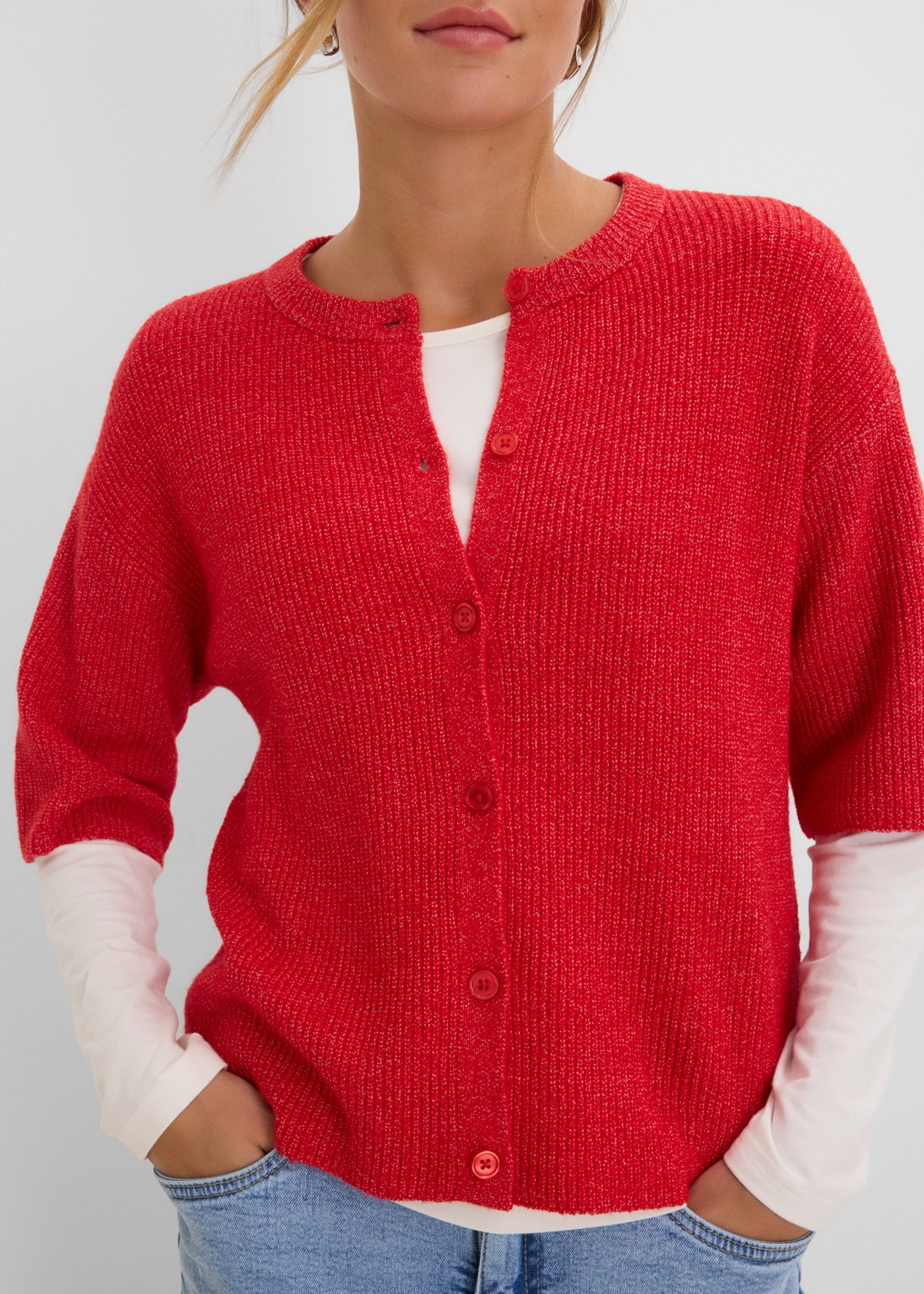 bonprix Strickjacke mit Knopfleiste, Oversize-Passform, Halbarm, im Casual-Stil