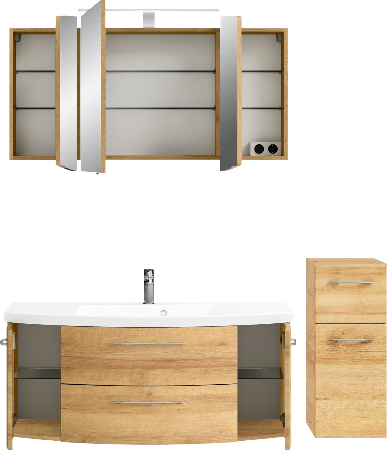 Saphir Badmöbel-Set »Cassca Sprint 3-teilig Mineralmarmor-Waschtisch mit LED-Spiegelschrank«, (4 St.), Unterschrank, inkl. Türdämpfer, 6 Türen, 3 Schubladen
