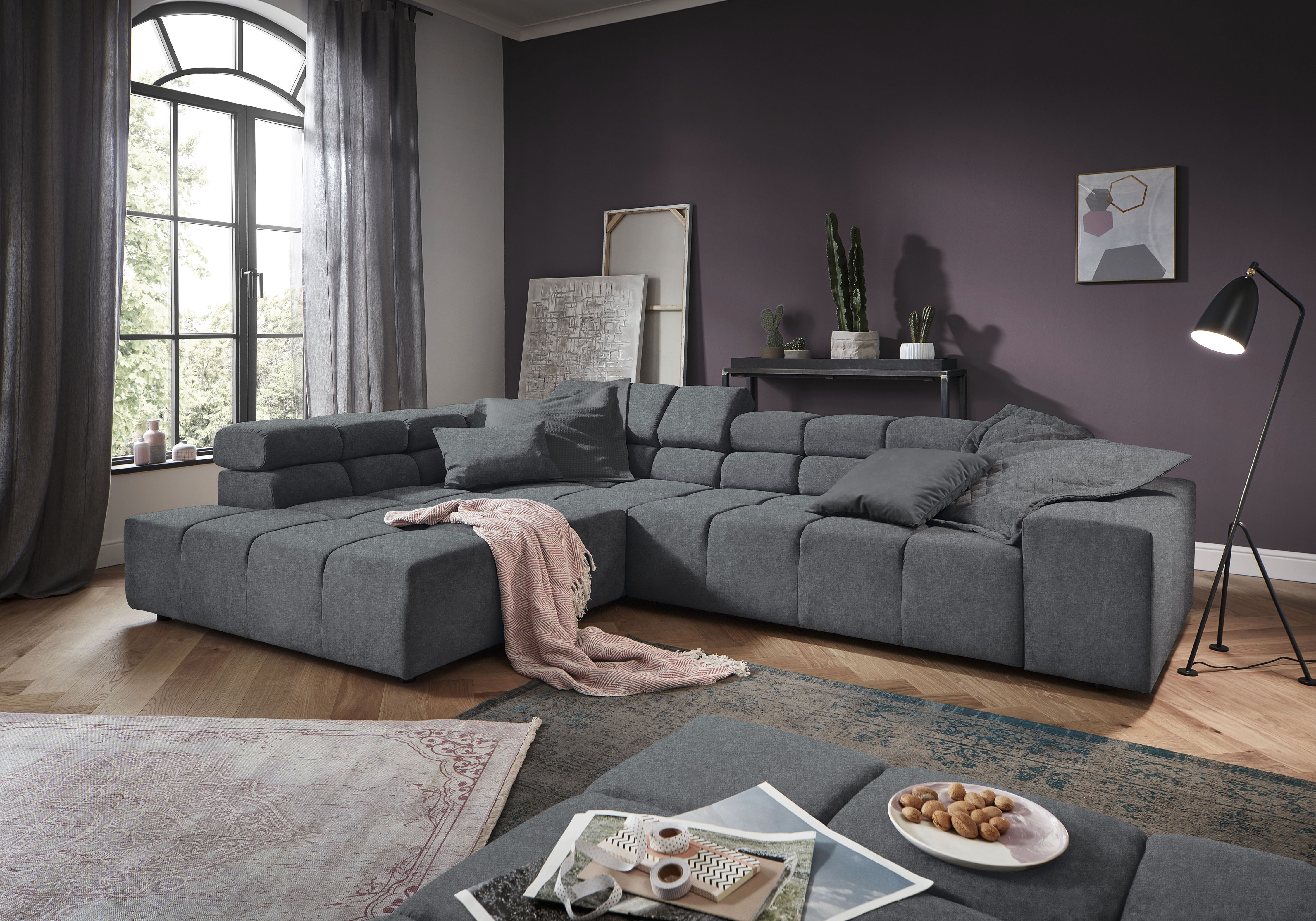 Home affaire Ecksofa "Ancona, Ecksofa, incl. Kopfteilverstellung, Breite 319 cm, L-Form" wahlweise motorische Sitztiefenverstellung, auch in Cord + Easy Care