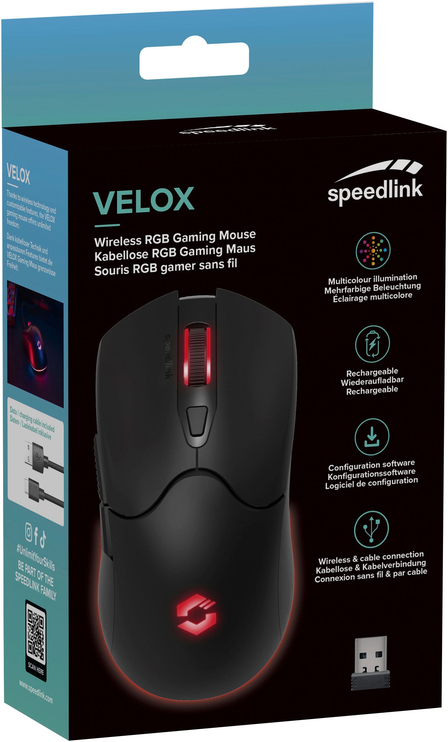 Speedlink Gaming-Maus »VELOX Rechargeable RGB, PC Maus kabellos mit Akku wiederaufladbar«, Funk, 4800dpi, programmierbar, USB Nano Empfänger, RGB LED Beleuchtung