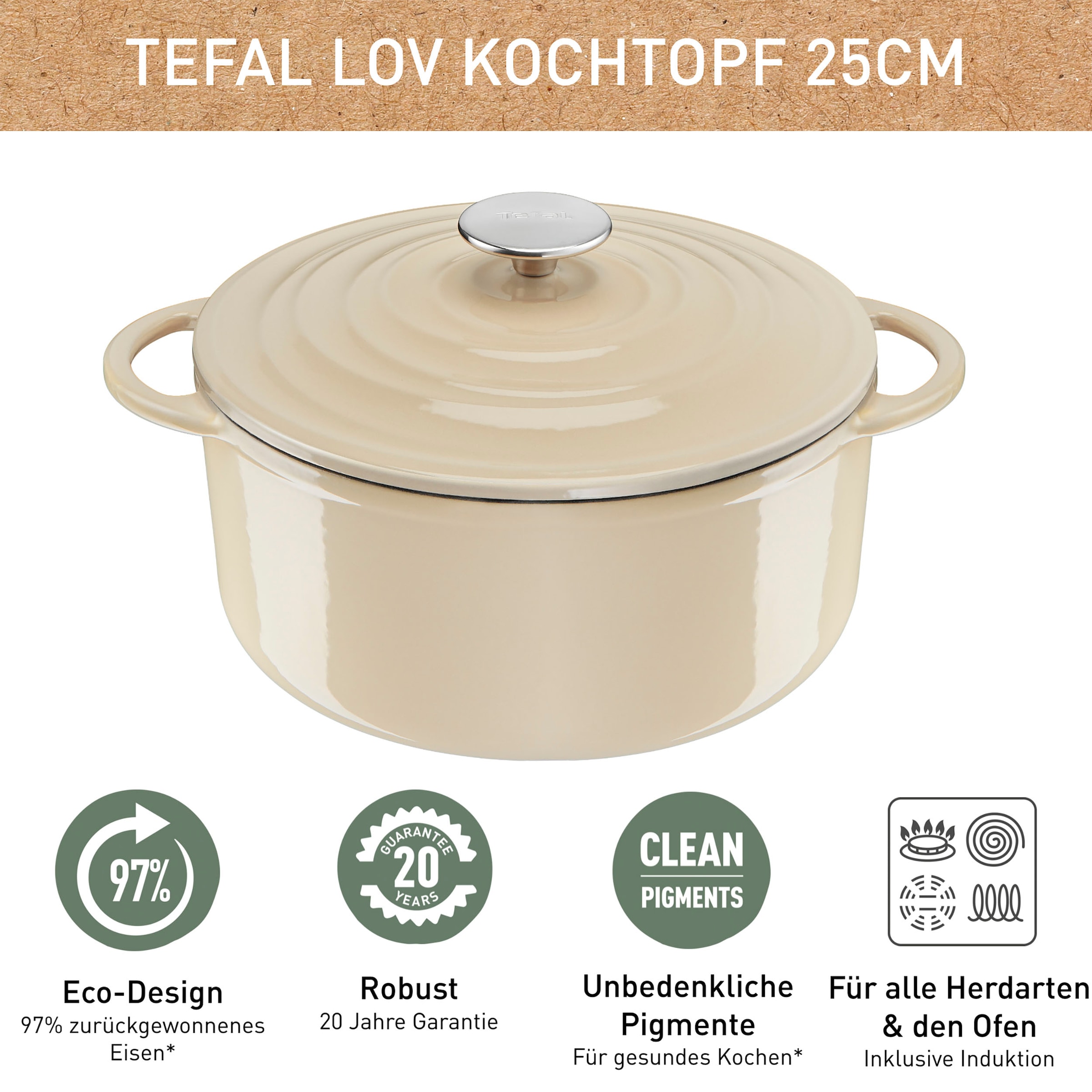 Tefal Kochtopf »LOV«, Gusseisen, (1 tlg.), umweltfreundlich, unbedenkliche  Pigmente,Schongaren, Ø25 cm, Induktion | BAUR