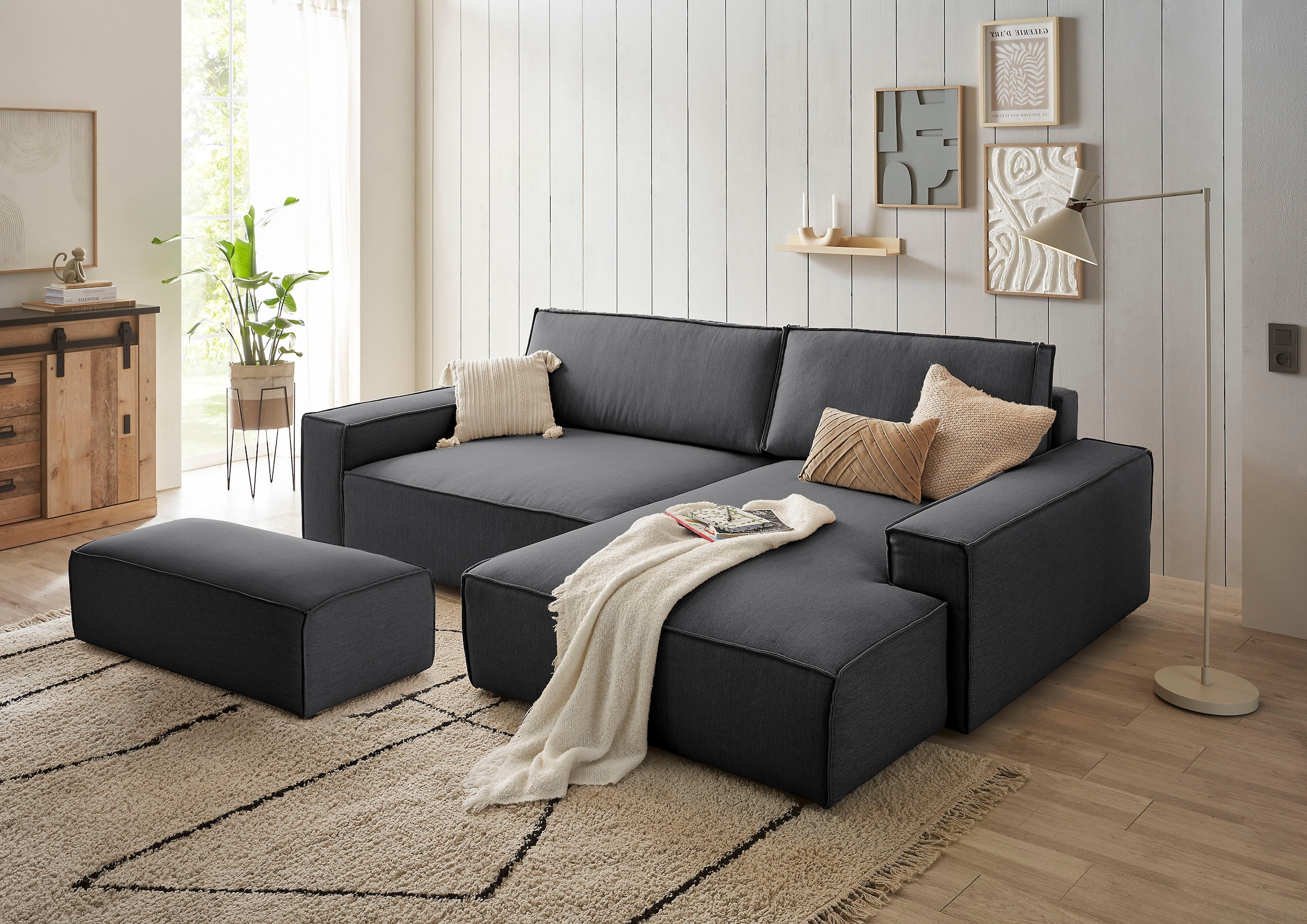 Home affaire Polsterecke »NEU: SHERWOOD XXL tief, L-Form mit Schlaffunktion, Big-Sofa mit Hocker«, (Set, 2 St.), stellbar zum Schlafsofa (Krokodilverbinder), Cord, Leinenoptik