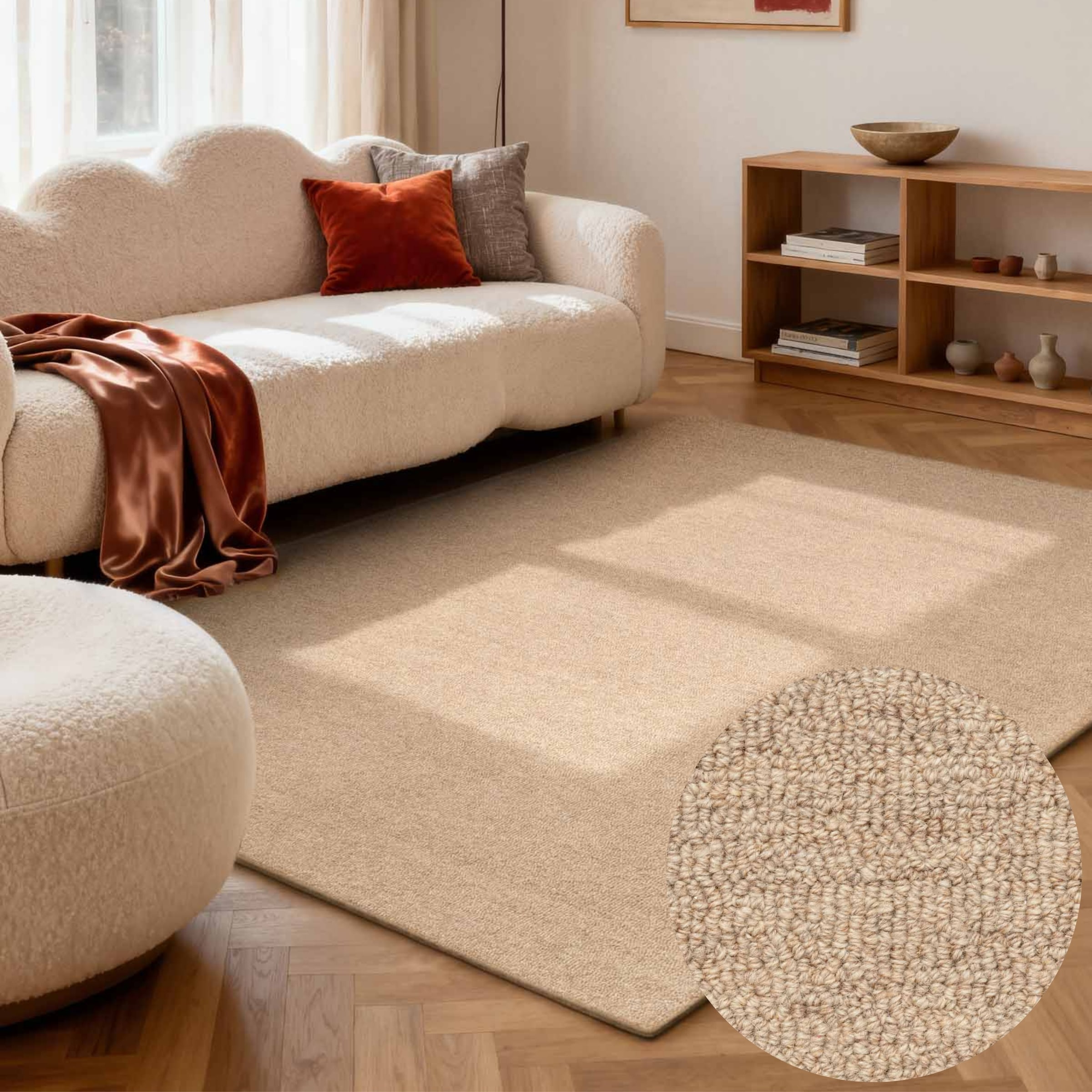 Wollteppich ELLE DECORATION "Knots", beige, B:140cm H:13mm L:200cm, Wolle, Teppiche, Handtuft, Wolle, Feines Bouclé, Wohnzimmer, Schlafzimmer, Natur