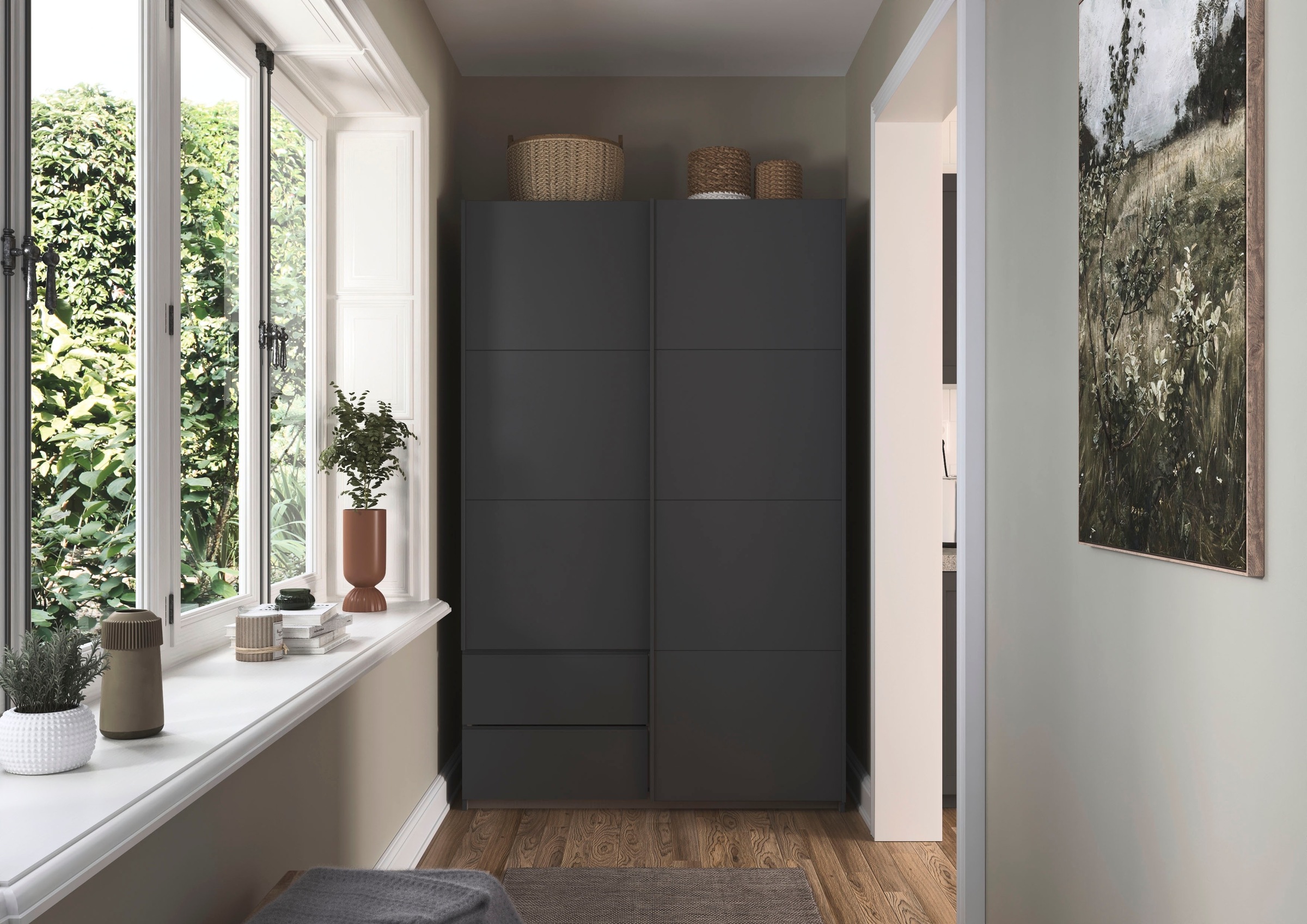 rauch Schwebetürenschrank »Kleiderschrank Schrank Garderobe Wäscheschrank SEVILLA«, (in 3 verschiedenen Ausstattungen BASIC/CLASSIC/PREMIUM), Metall-Griffleisten alufarben oder Graumetallic MADE IN GERMANY