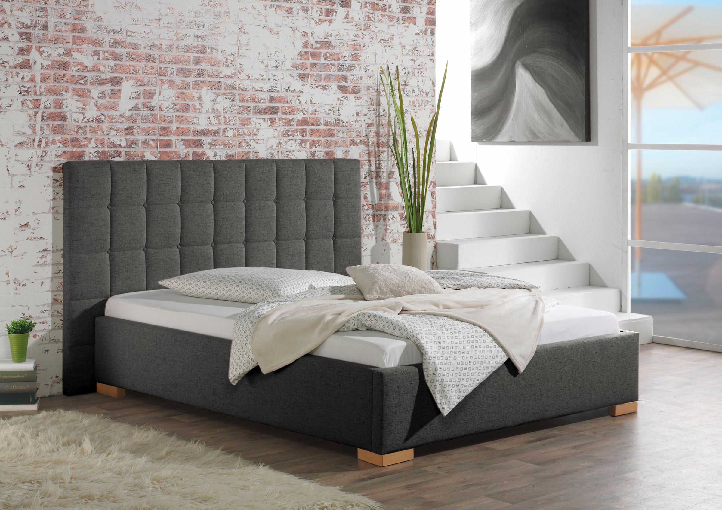 Polsterbett MAINTAL "Cueno", grau (anthrazit), B:244cm L:210cm, Strukturstoff (100% Polyester), Betten, Polsterbett, mit und ohne Matratze in 2 Ausführungen, Steppung mit Knopfheftung 7