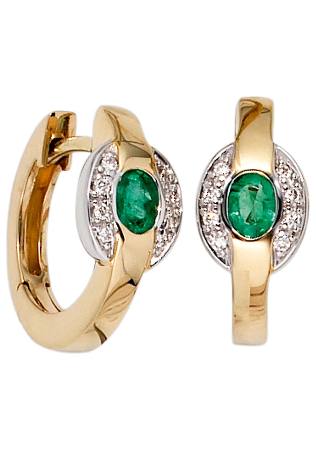 Paar Creolen, 585 Gold bicolor mit 16 Diamanten und Smaragd