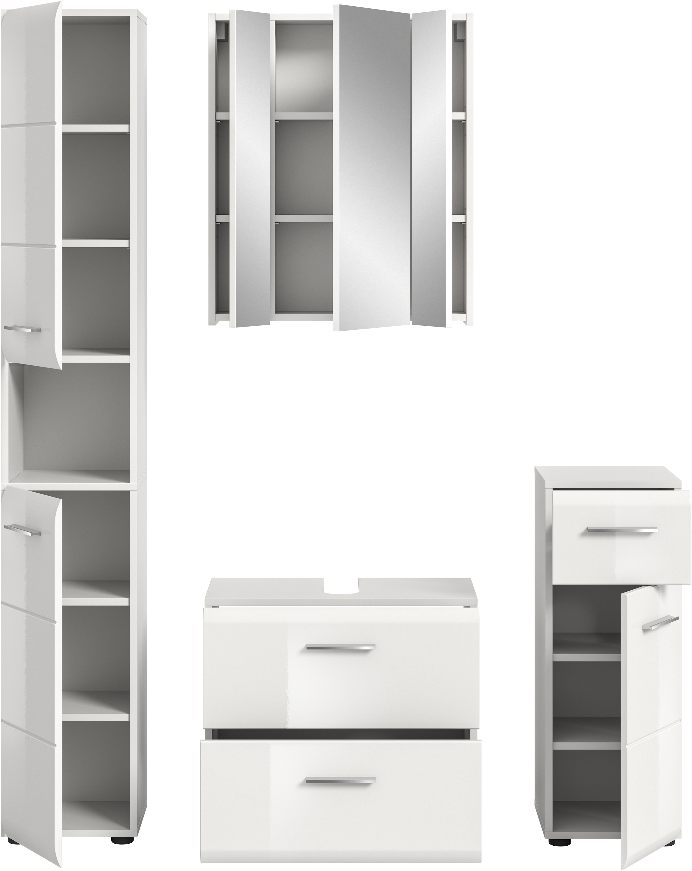 INOSIGN Badezimmer-Set, (Set, 4 St.), Florenz, Badkombination 4-tlg., Weiß hochglanz tiefzieh, Hochschrank