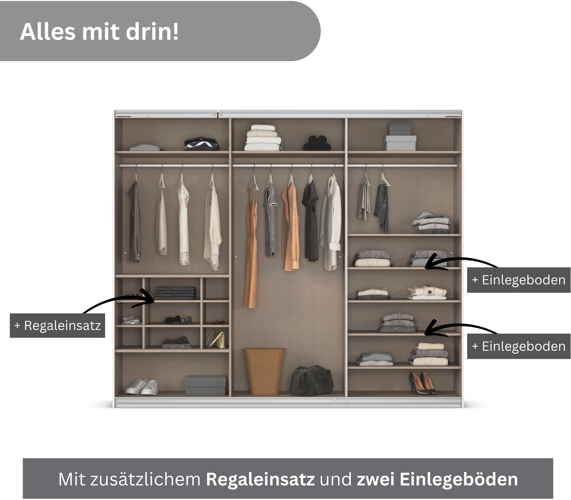 rauch Schwebetürenschrank »Kleiderschrank Schrank Garderobe Wäscheschrank TOMA«, inkl. Regaleinsatz sowie zusätzlichen Einlegeböden MADE IN GERMANY