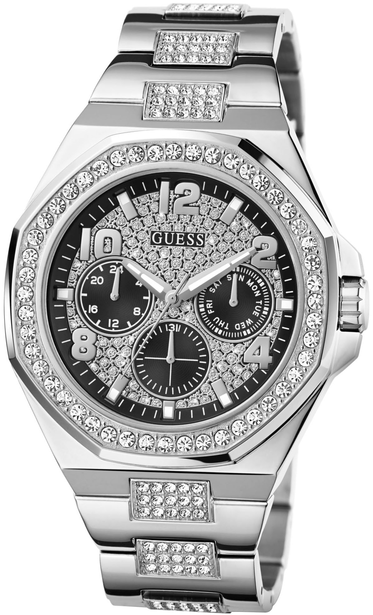 Guess Multifunktionsuhr »EMPIRE«, Quarzuhr, Armbanduhr, Herren, Datum, 12/24-Std.-Anzeige,Kristallsteine